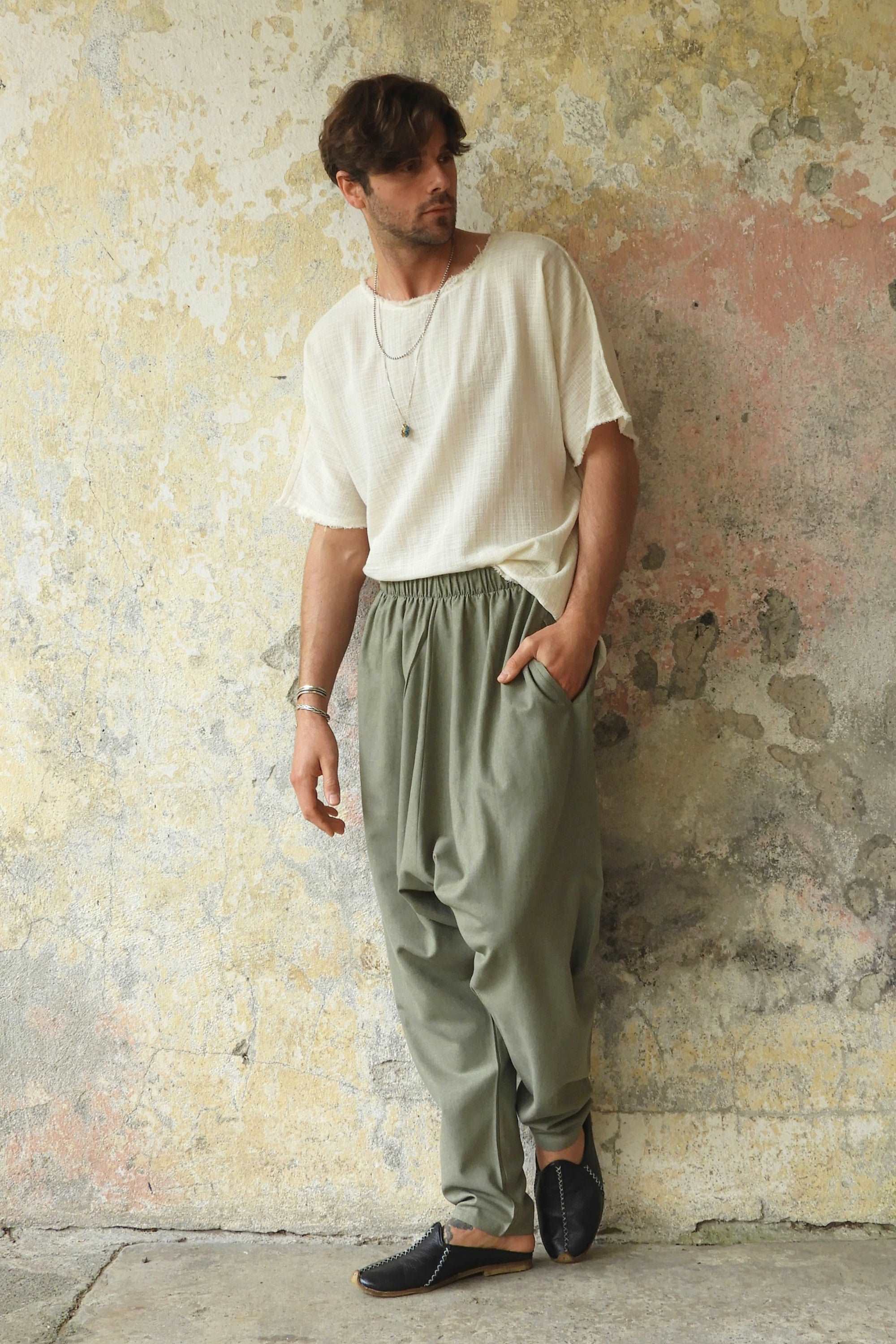 Odana's | Sustainable Gifts | MOON Men's Linen Blend Harem Pants (Almond Green) | Linen Harem Pants | Sustainable Fashion