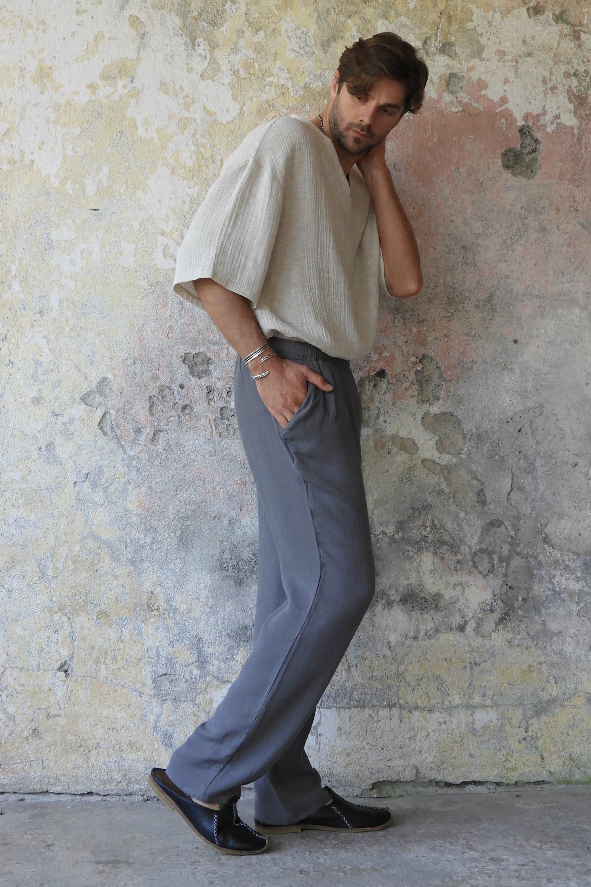 Odana's | Sustainable Gifts | DUNE Men's Organic Gauze Cotton Pants (Dark Gray) | Cotton Pants | Sustainable Fashion