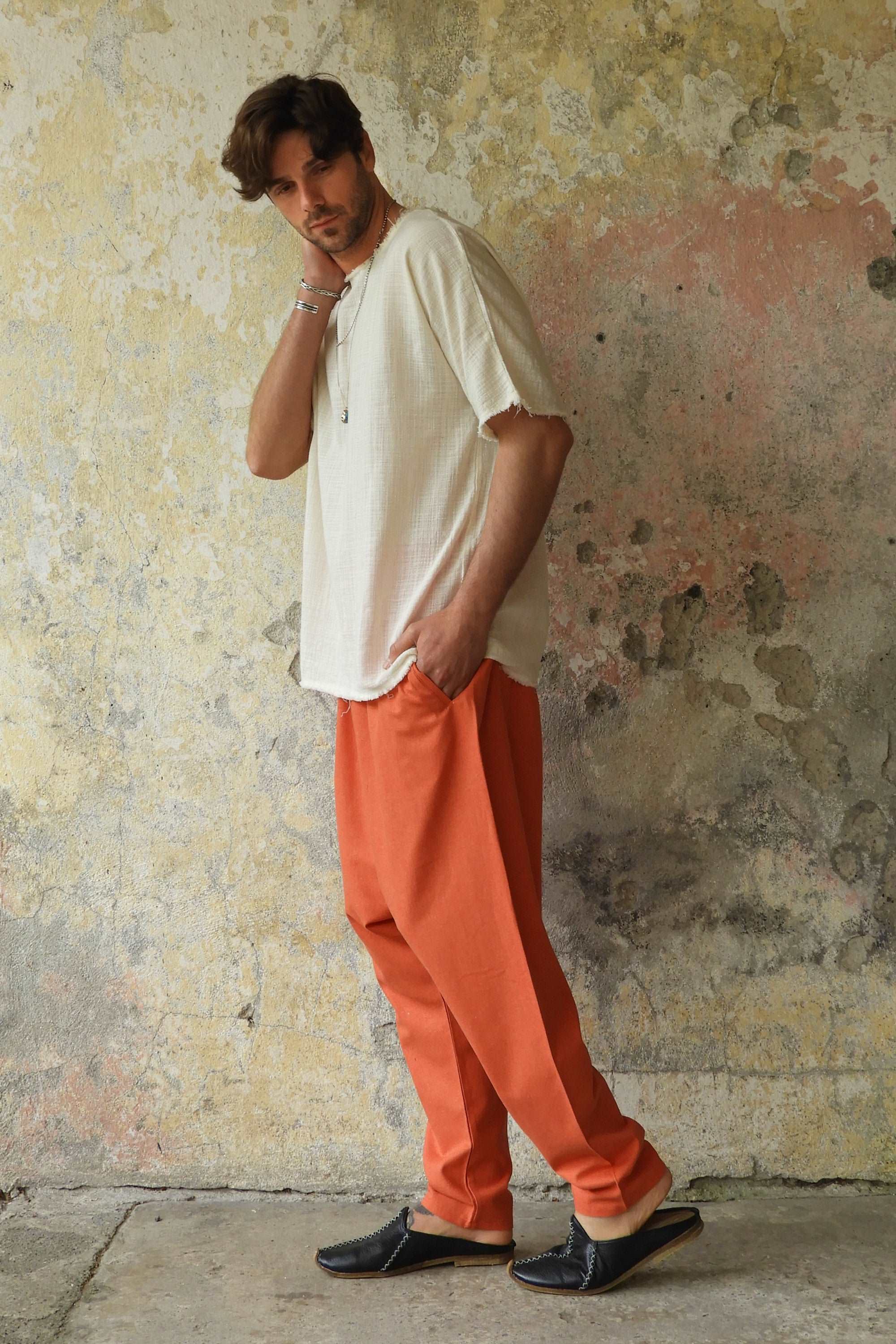 Odana's | Sustainable Gifts | MOON Men's Linen Blend Harem Pants (Windsor Tan, Burnt Orange) | Linen Harem Pants | Sustainable Fashion