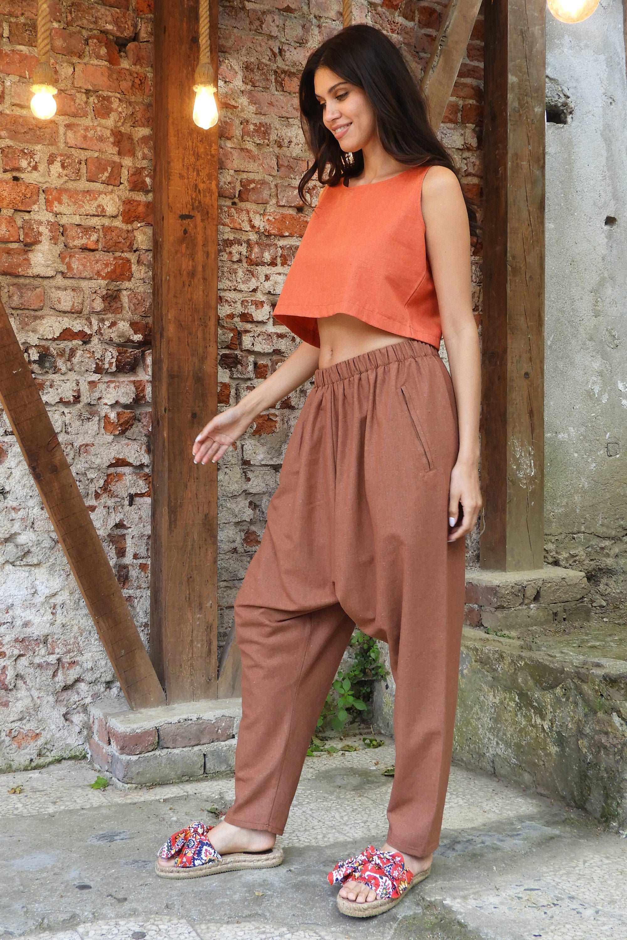 Sustainable  | MOON Women's Linen Blend Harem Pants (Brown) by Odana's