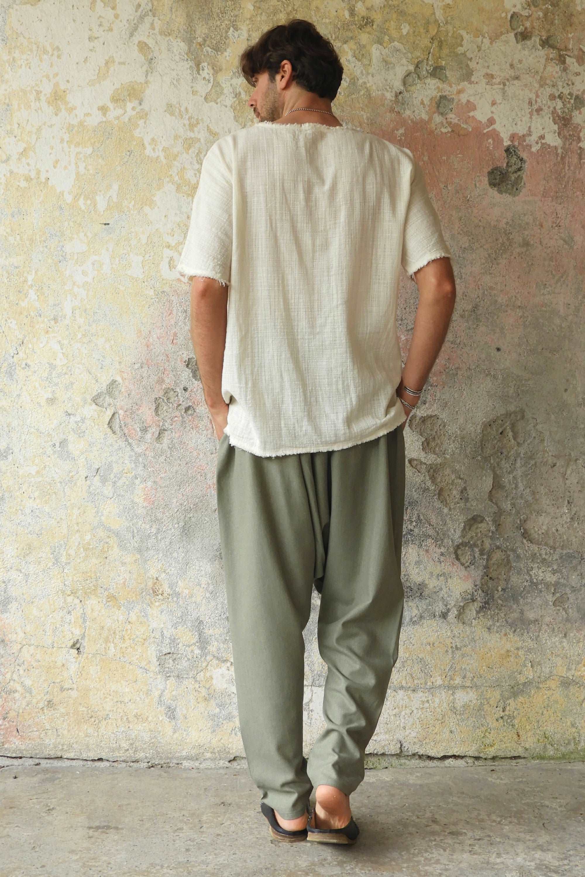 Sustainable  | MOON Men's Linen Blend Harem Pants (Almond Green) by Odana's