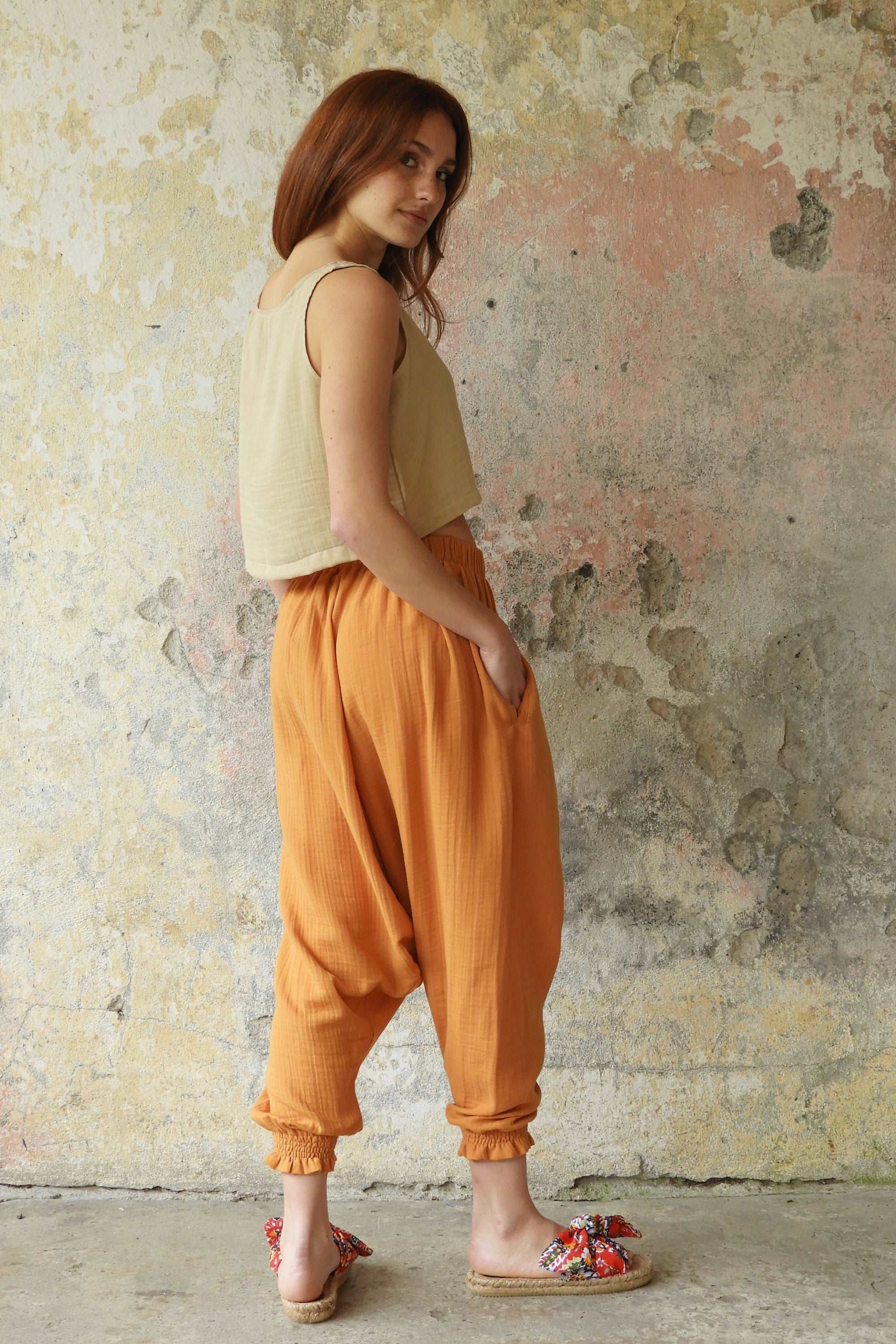 Odana's | Sustainable Gifts | GAIA Women's Organic Gauze Cotton Harem Pants (Red, Terra Cotta, Caramel) | Harem Pants | Sustainable Fashion