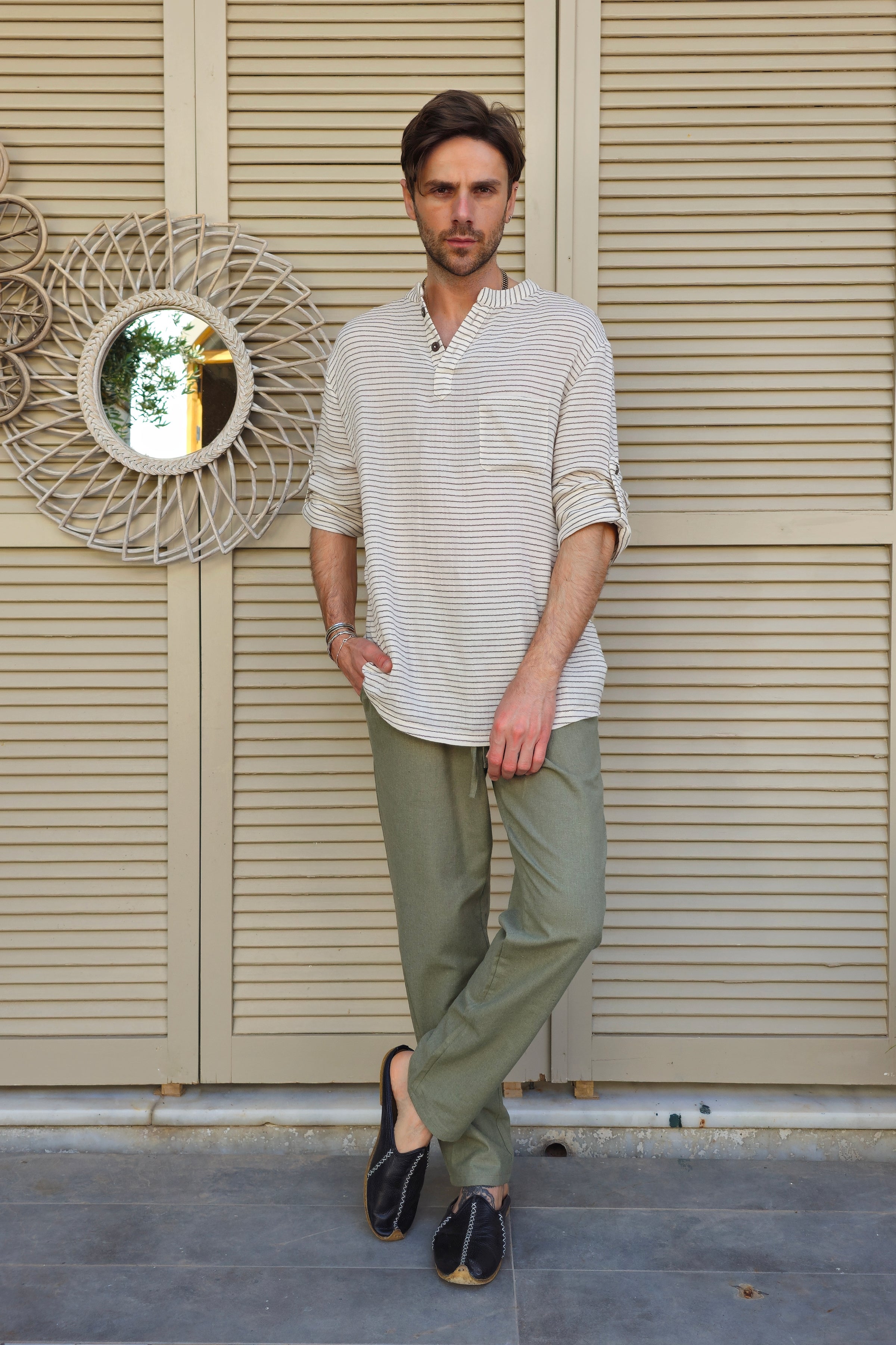 Odana's | Sustainable Gifts | ZEUS STRIPES Organic Double Gauze Shirt (Light Cream) | Shirts | Sustainable Fashion