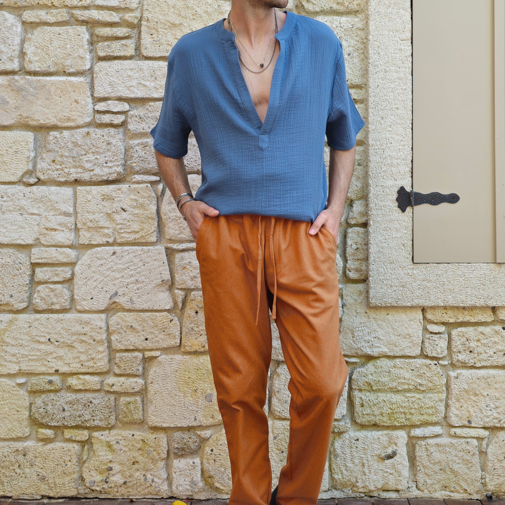 Odana's | Sustainable Gifts | ARCHEUS Organic Cotton Double Gauze Shirt (Light Indigo Blue, Rust Red) Light Indigo Blue | Shirts | Sustainable Fashion