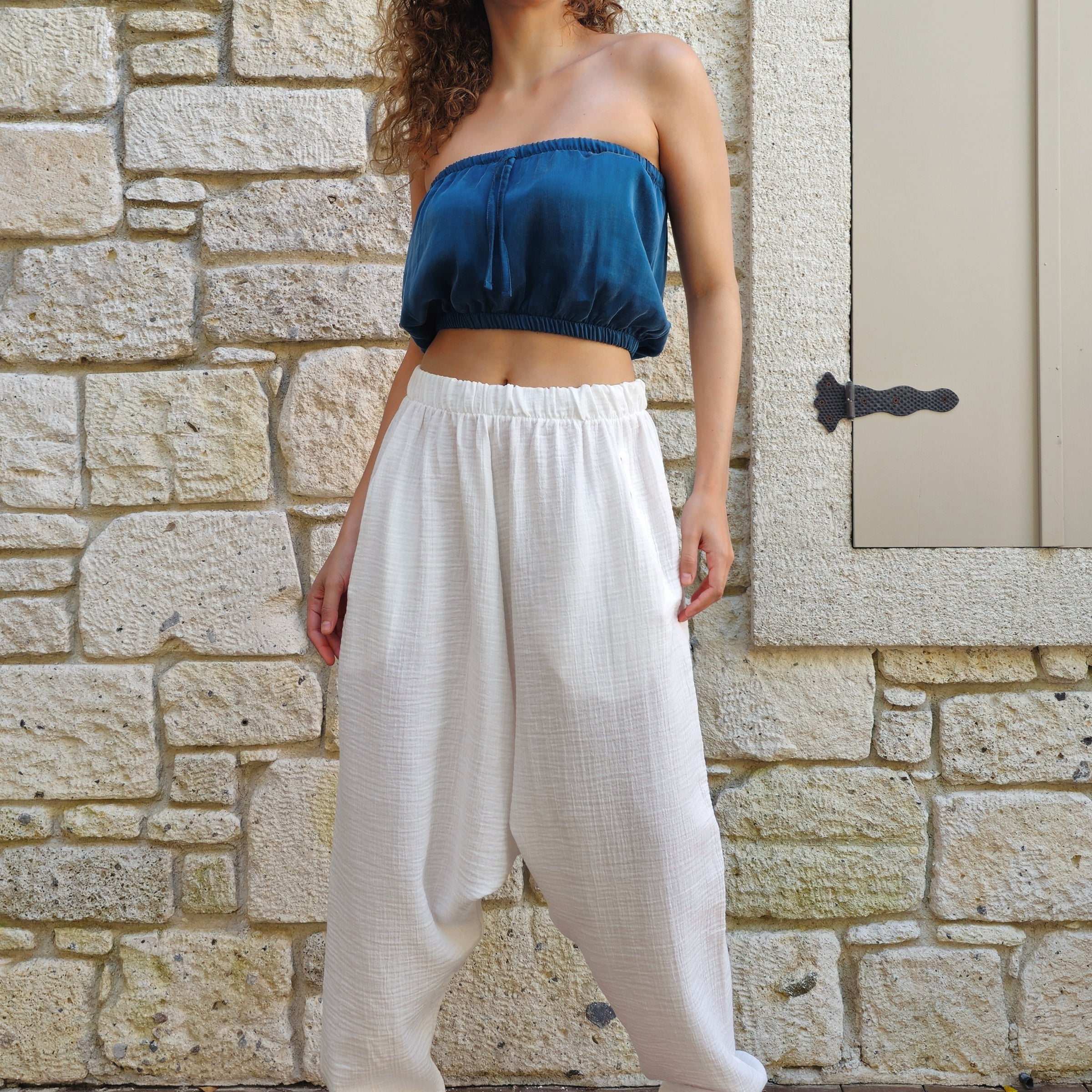 Odana's | Sustainable Gifts | TRIBAL Women's Organic Gauze Cotton Harem Pants (White) White | Harem Pants | Sustainable Fashion