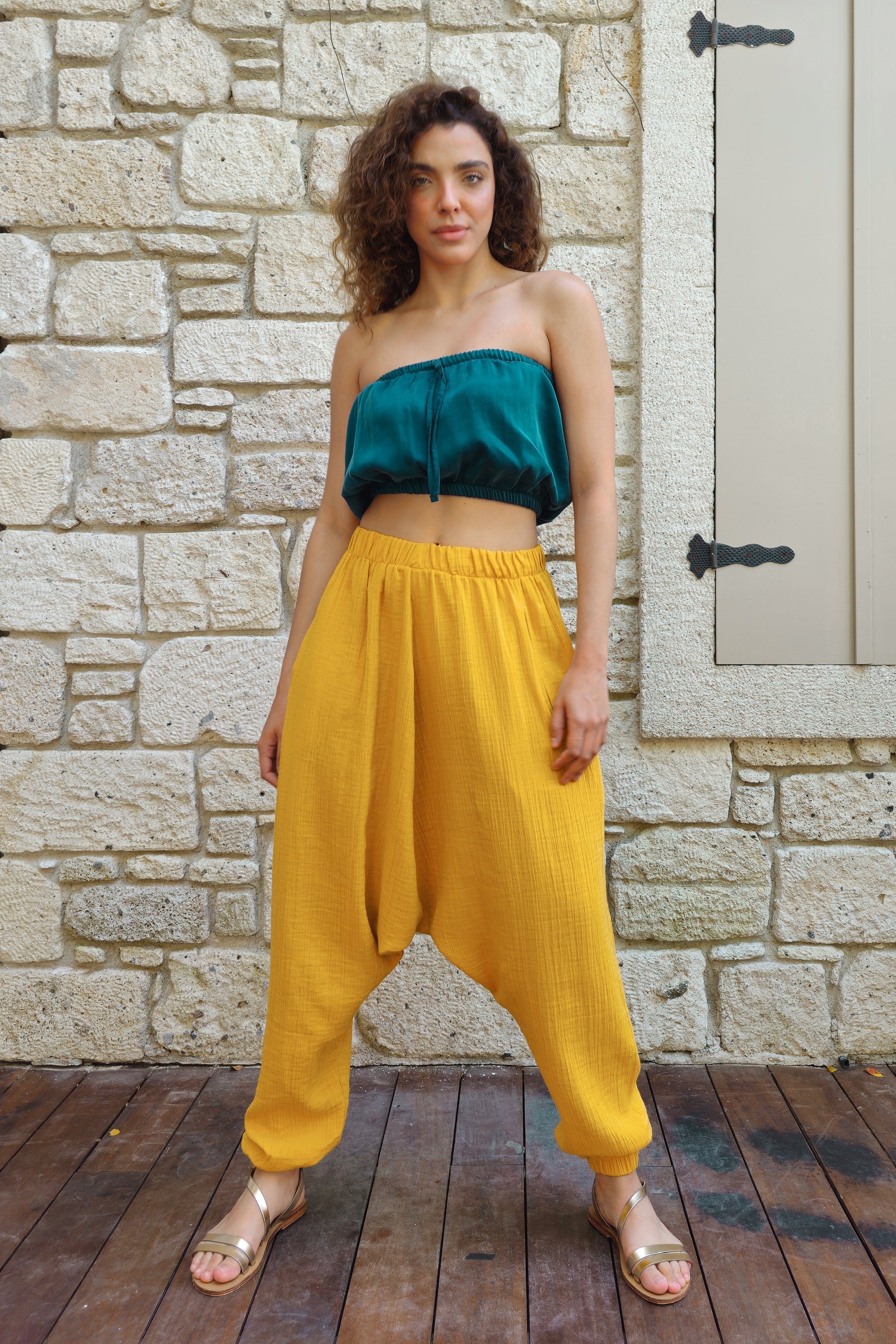 Odana's | Sustainable Gifts | TRIBAL Women's Organic Gauze Cotton Harem Pants (Light Indigo Blue,Mustard) | Harem Pants | Sustainable Fashion