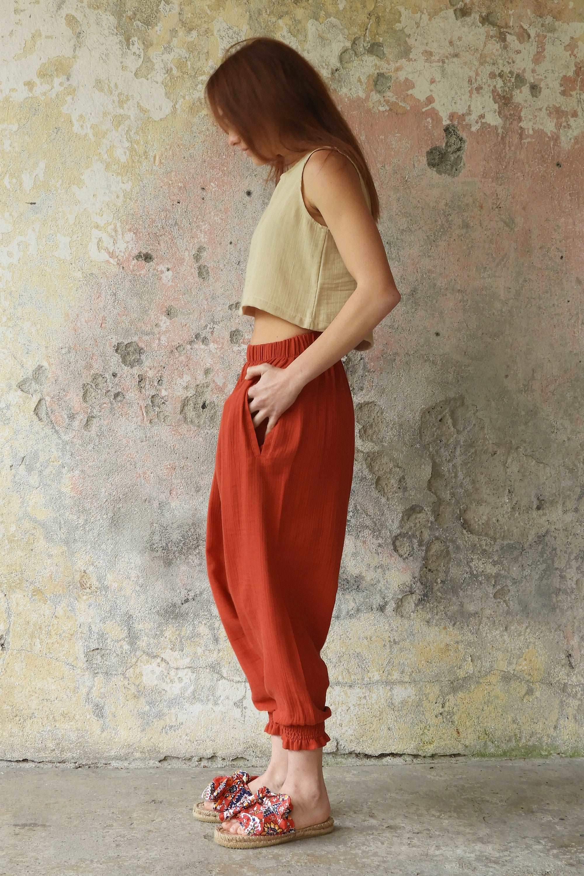 Odana's | Sustainable Gifts | GAIA Women's Organic Gauze Cotton Harem Pants (Red, Terra Cotta, Caramel) | Harem Pants | Sustainable Fashion