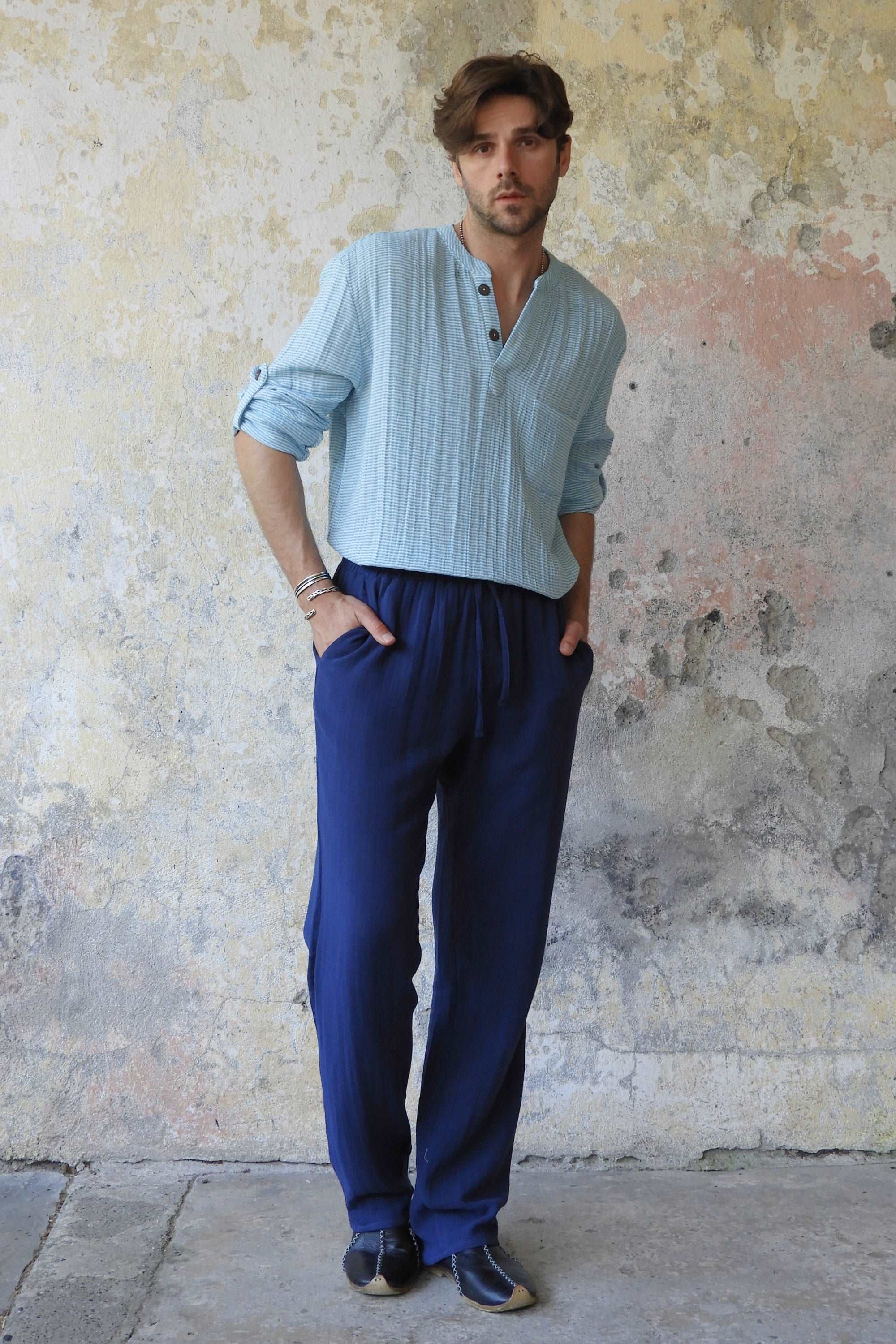 Odana's | Sustainable Gifts | DUNE Men's Organic Gauze Cotton Pants (Dark Blue, Green) | Cotton Pants | Sustainable Fashion