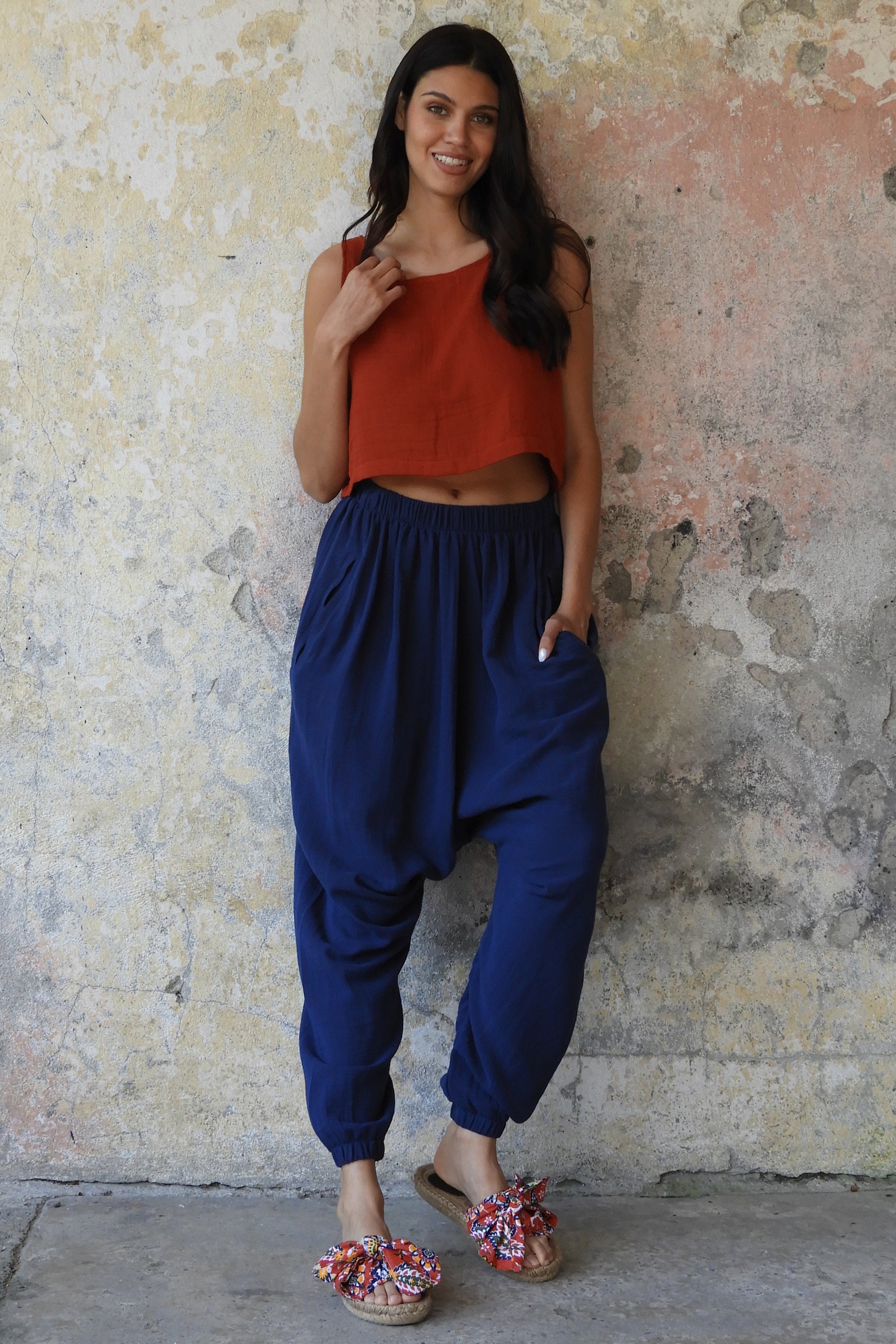Odana's | Sustainable Gifts | TRIBAL Women's Organic Gauze Cotton Harem Pants (Brown, Dark Blue) | Harem Pants | Sustainable Fashion