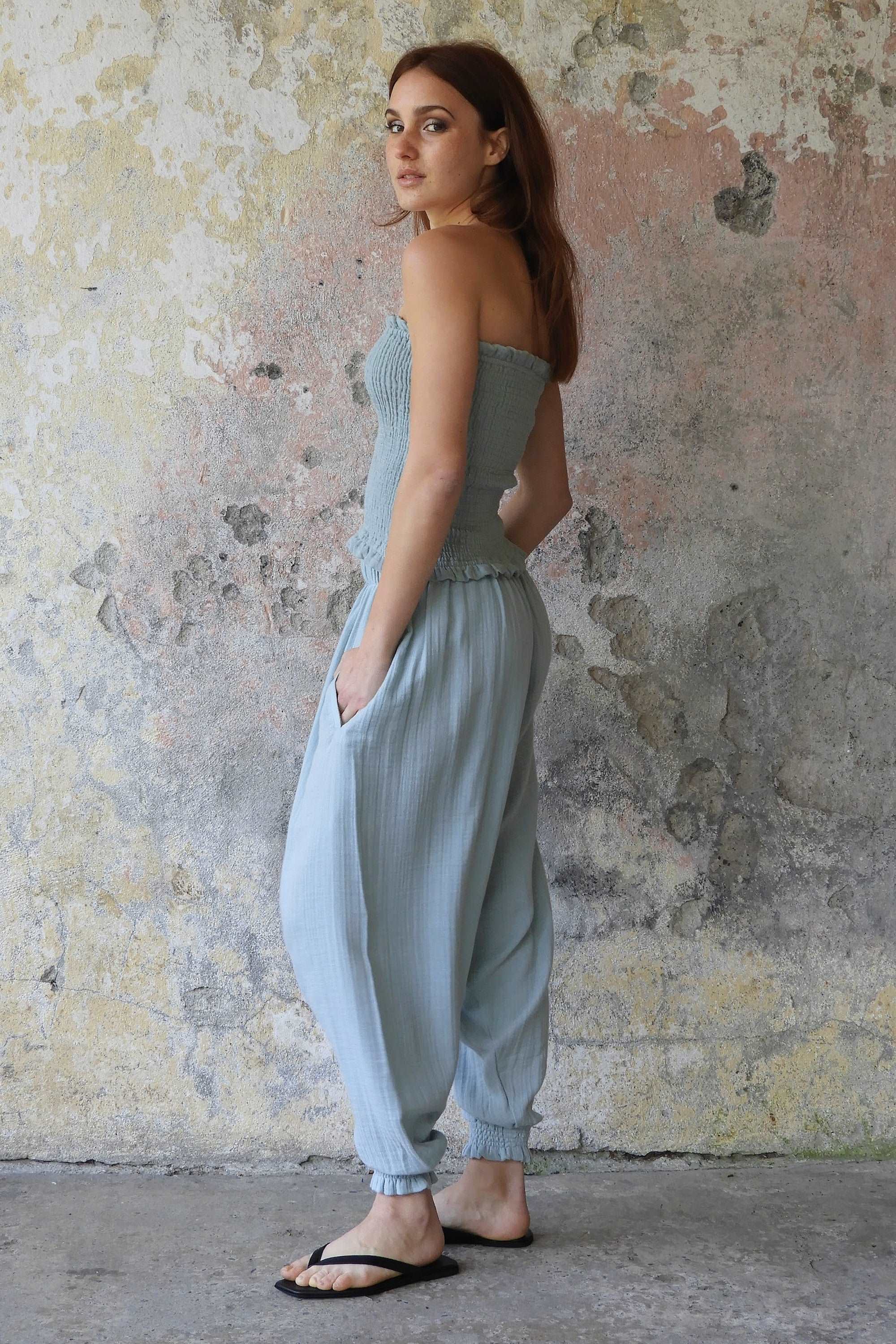 Odana's | Sustainable Gifts | GAIA Women's Organic Gauze Cotton Harem Pants (Light Blue, Mint, Orange) | Harem Pants | Sustainable Fashion