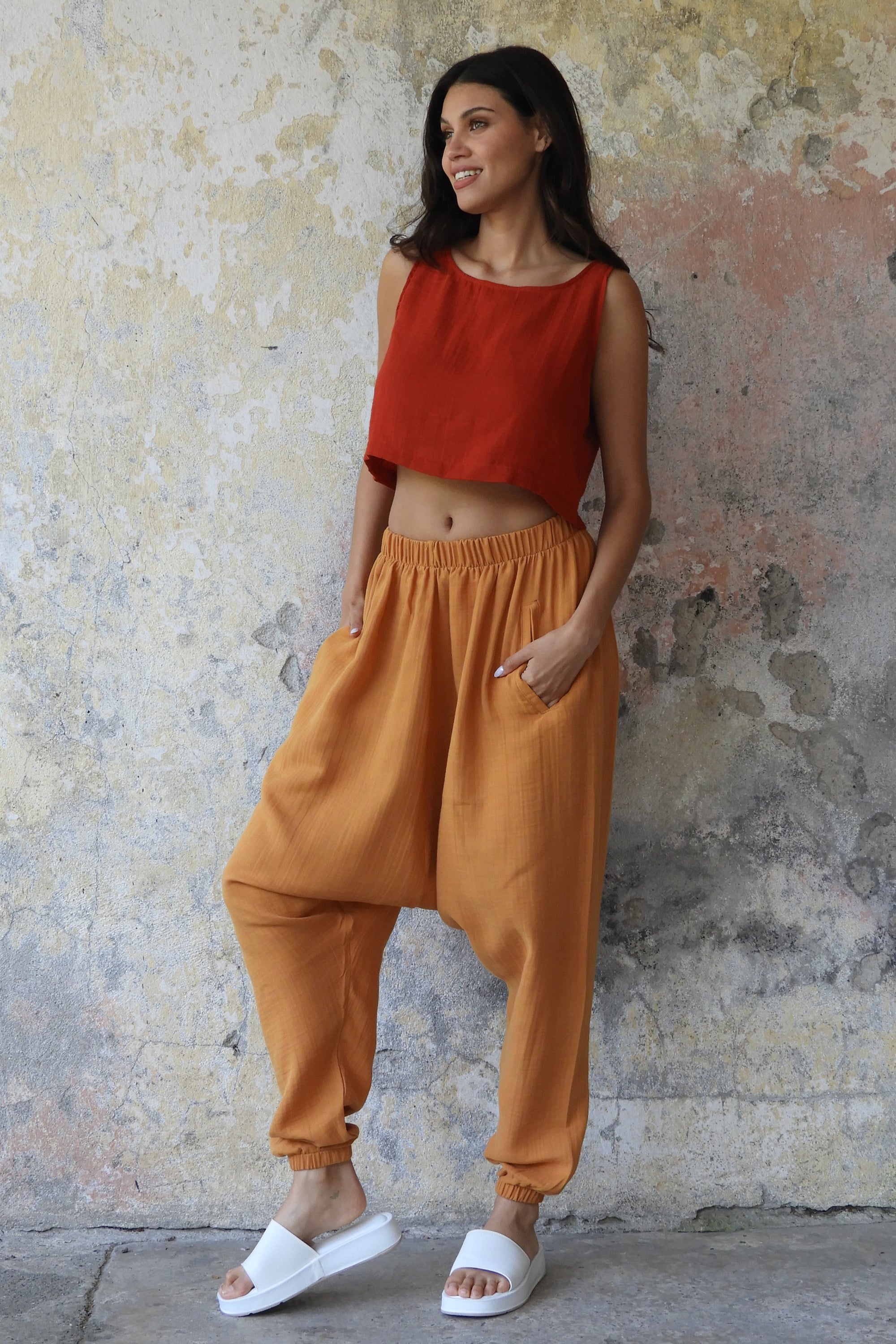 Sustainable  | TRIBAL Women's Gauze Cotton Harem Pants (Caramel, Mint Green) by Odana's