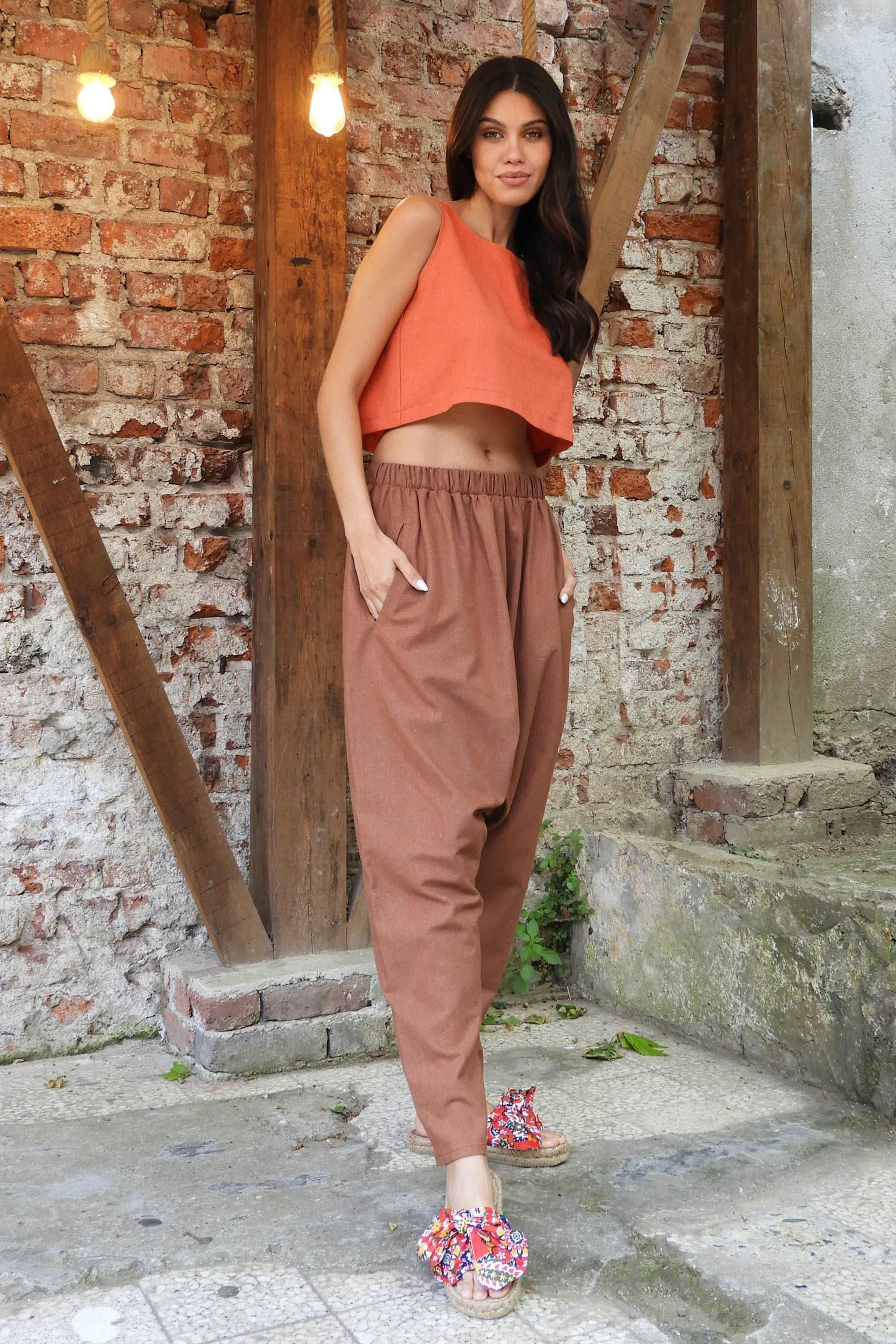 Sustainable  | MOON Women's Linen Blend Harem Pants (Brown) by Odana's