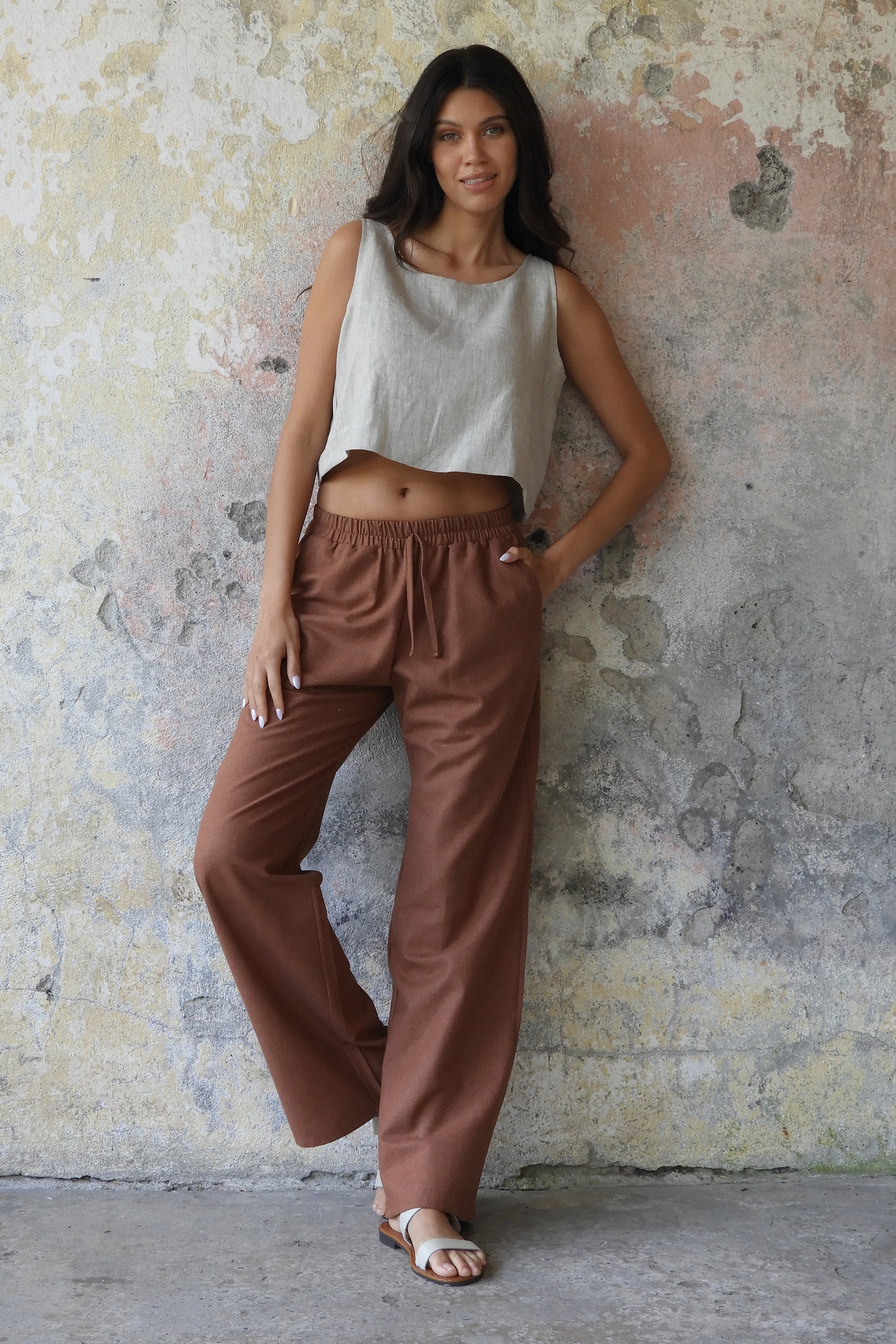 Sustainable  | TRINITY Linen Blend Women's Pants (Burnt Orange, Brown) by Odana's