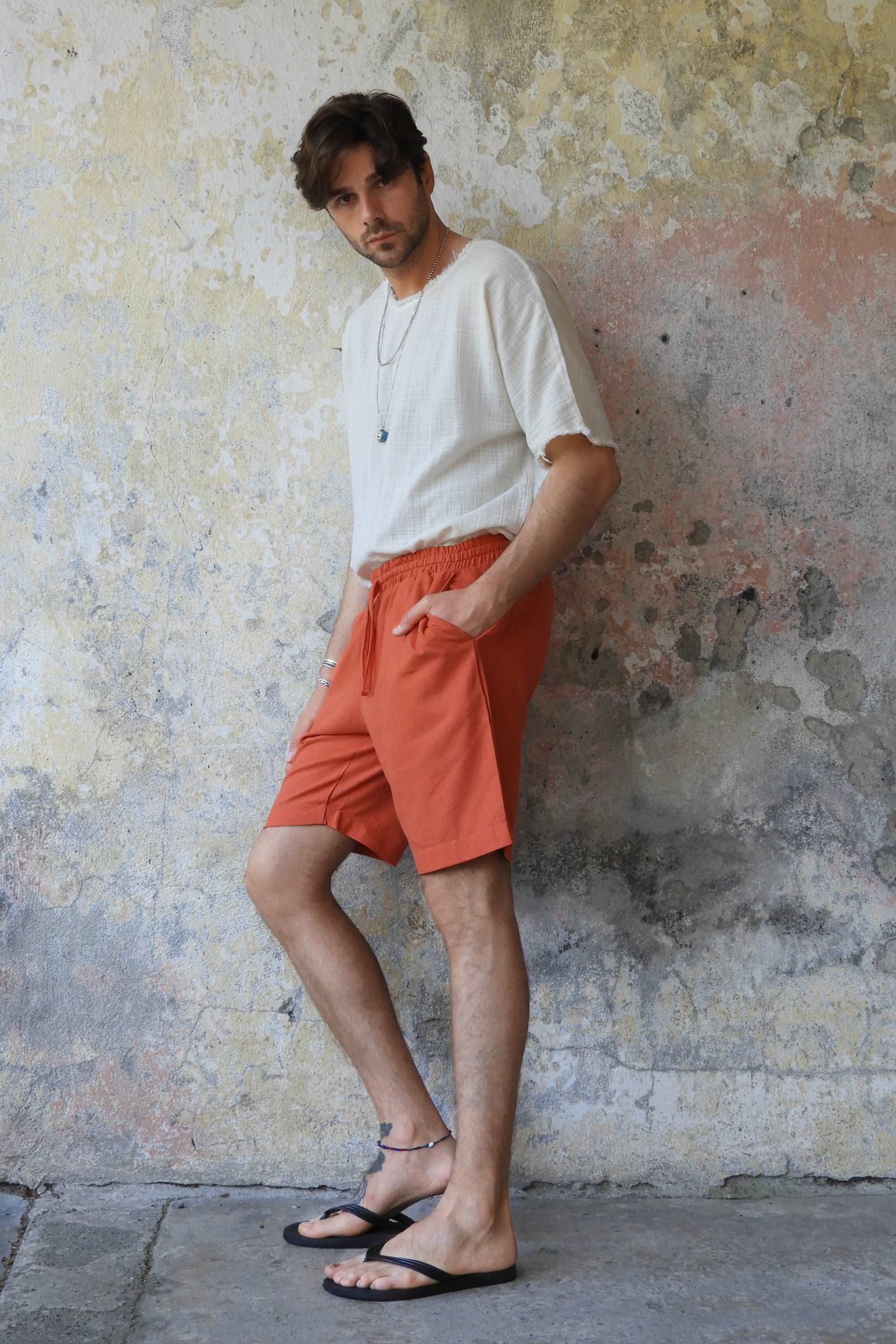 Odana's | BOREAS Linen Blend Shorts Man (Tan, Burnt Orange) | Linen Pants | Sustainable Fashion