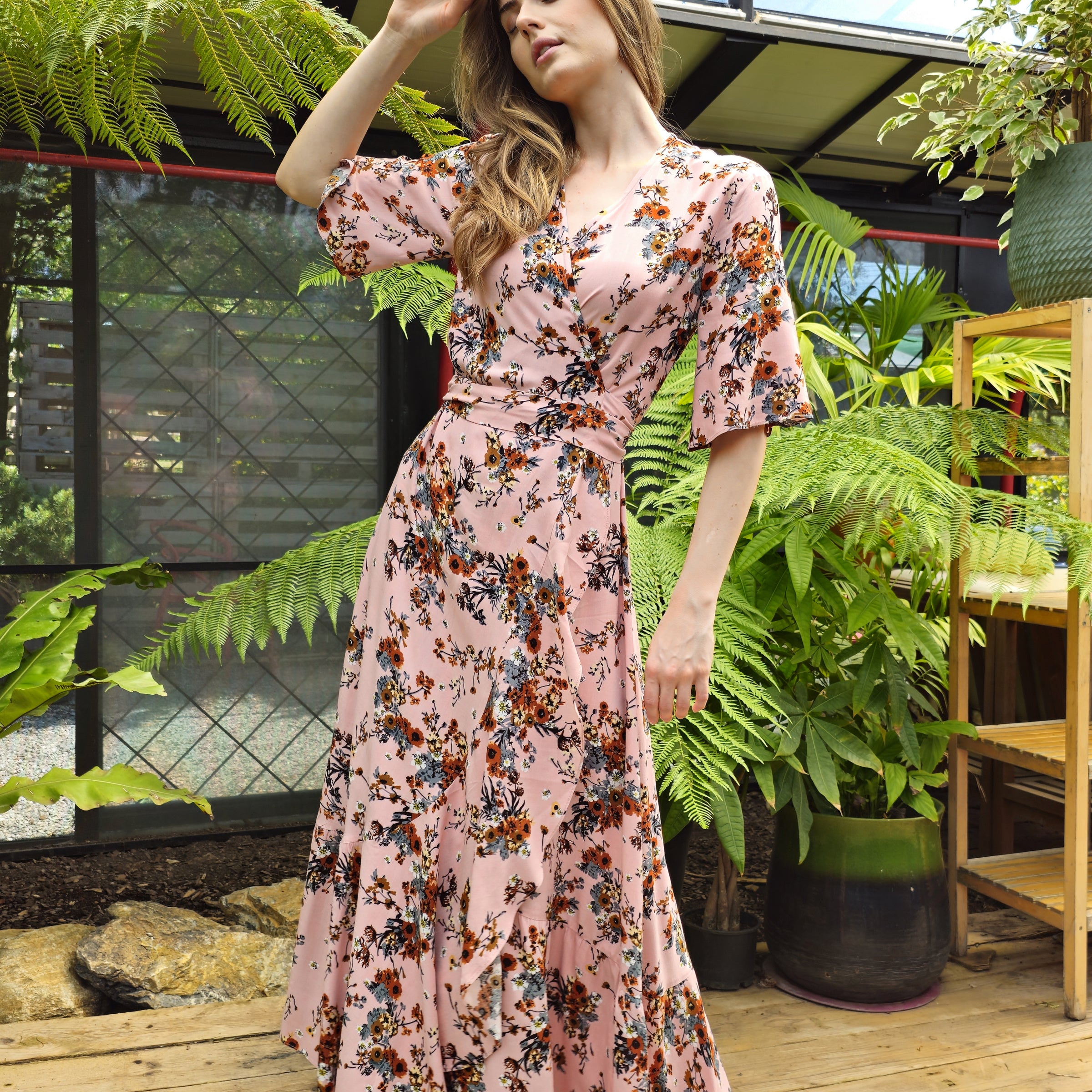 PEONY Floral Wrap Dress (Green, Pink)