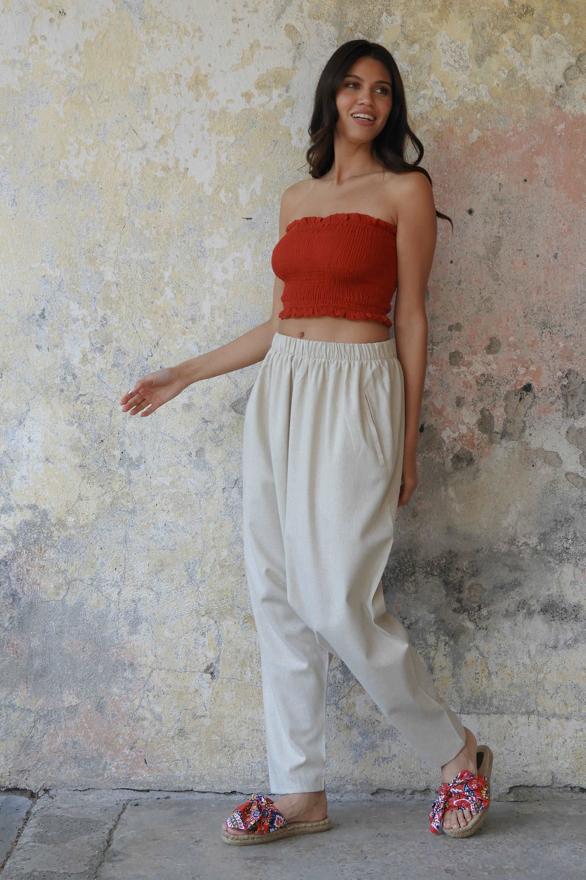 Sustainable  | MOON Women's Linen Blend Harem Pants (Beige, Indigo Blue) by Odana's