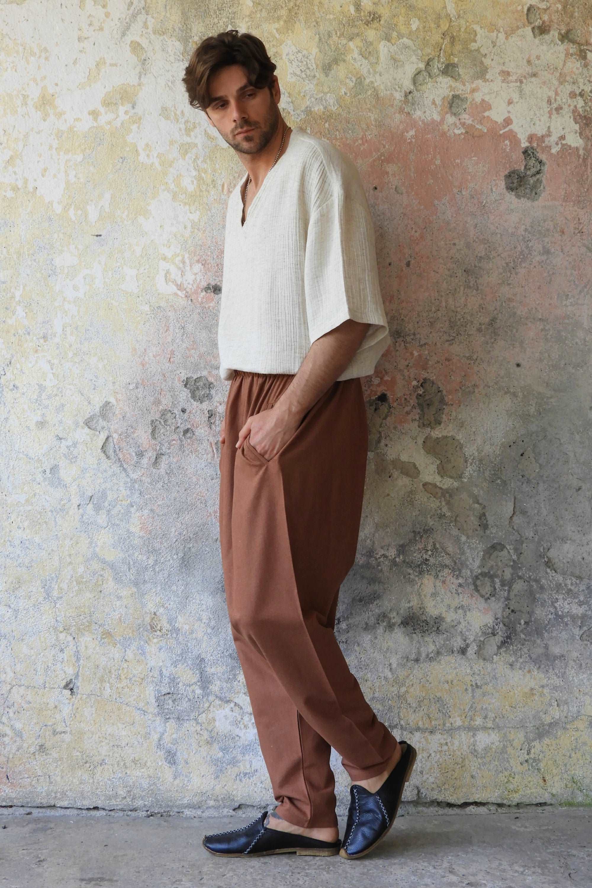 Odana's | Sustainable Gifts | MOON Men's Linen Blend Harem Pants (Dark Gray, Brown) | Linen Harem Pants | Sustainable Fashion