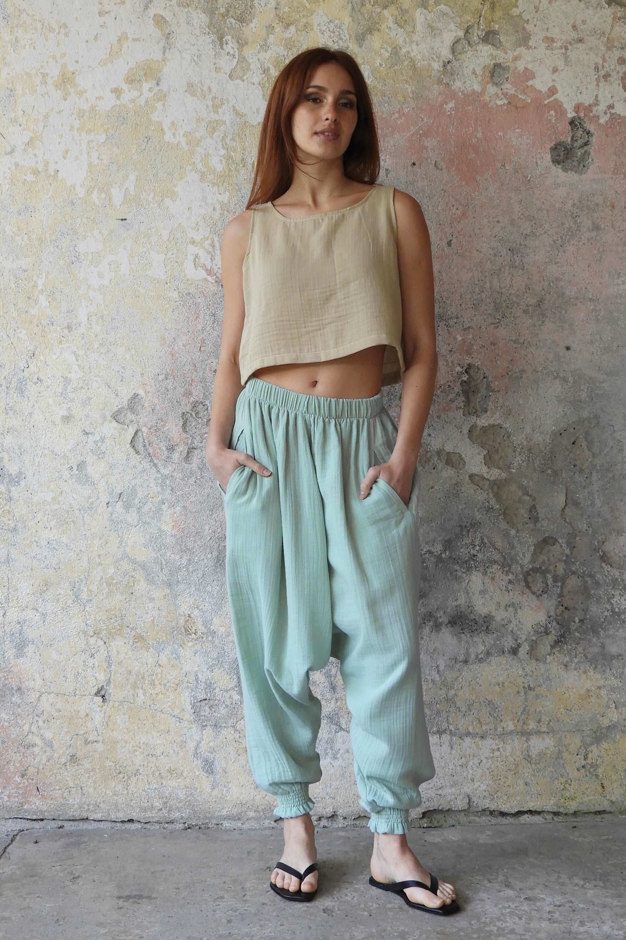 Sustainable  | GAIA Women's Gauze Cotton Harem Pants (Light Blue, Mint, Orange) by Odana's