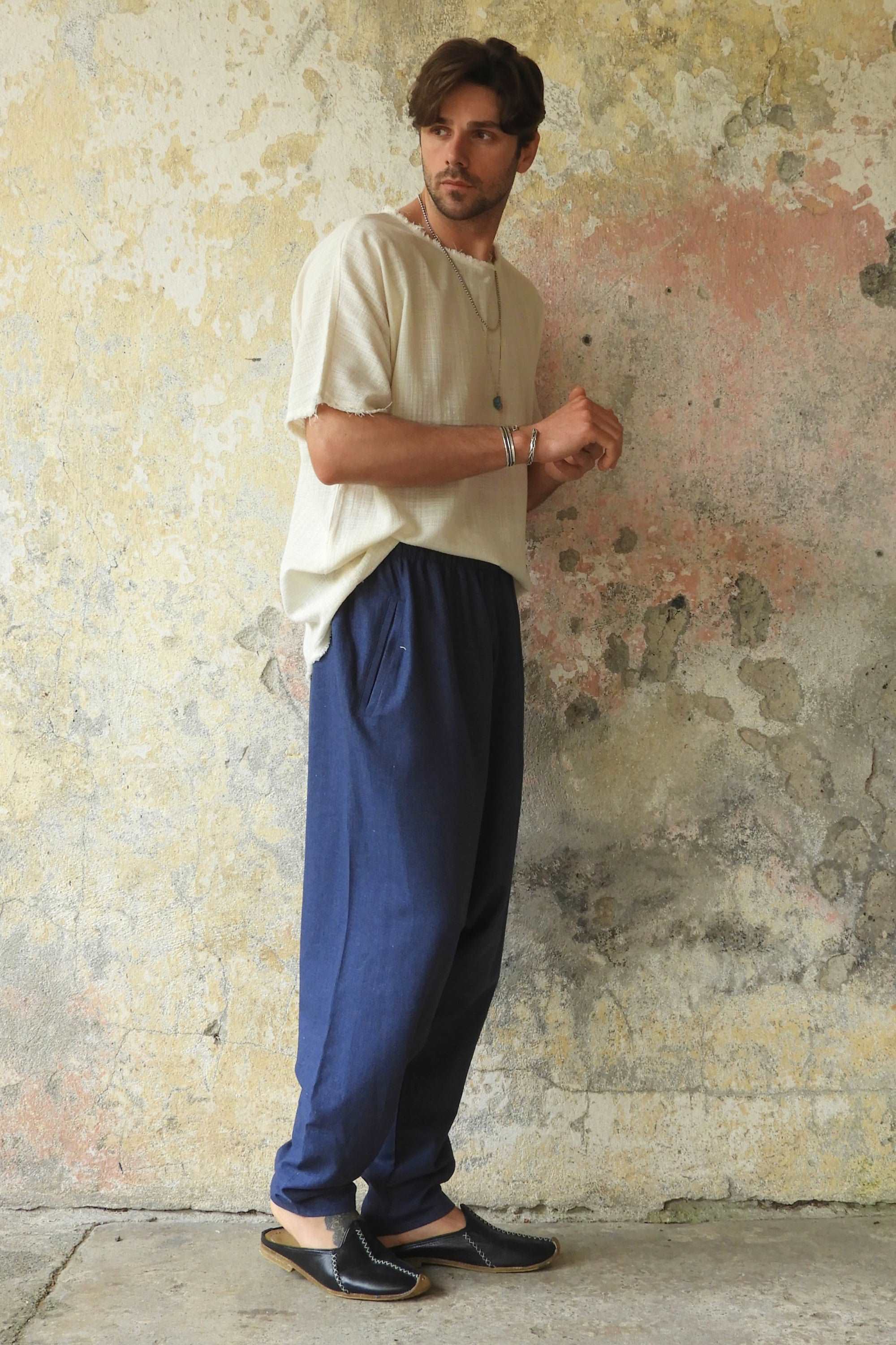 Sustainable  | MOON Gender Neutral Linen Blend Harem Pants (Beige, Indigo Blue) by Odana's