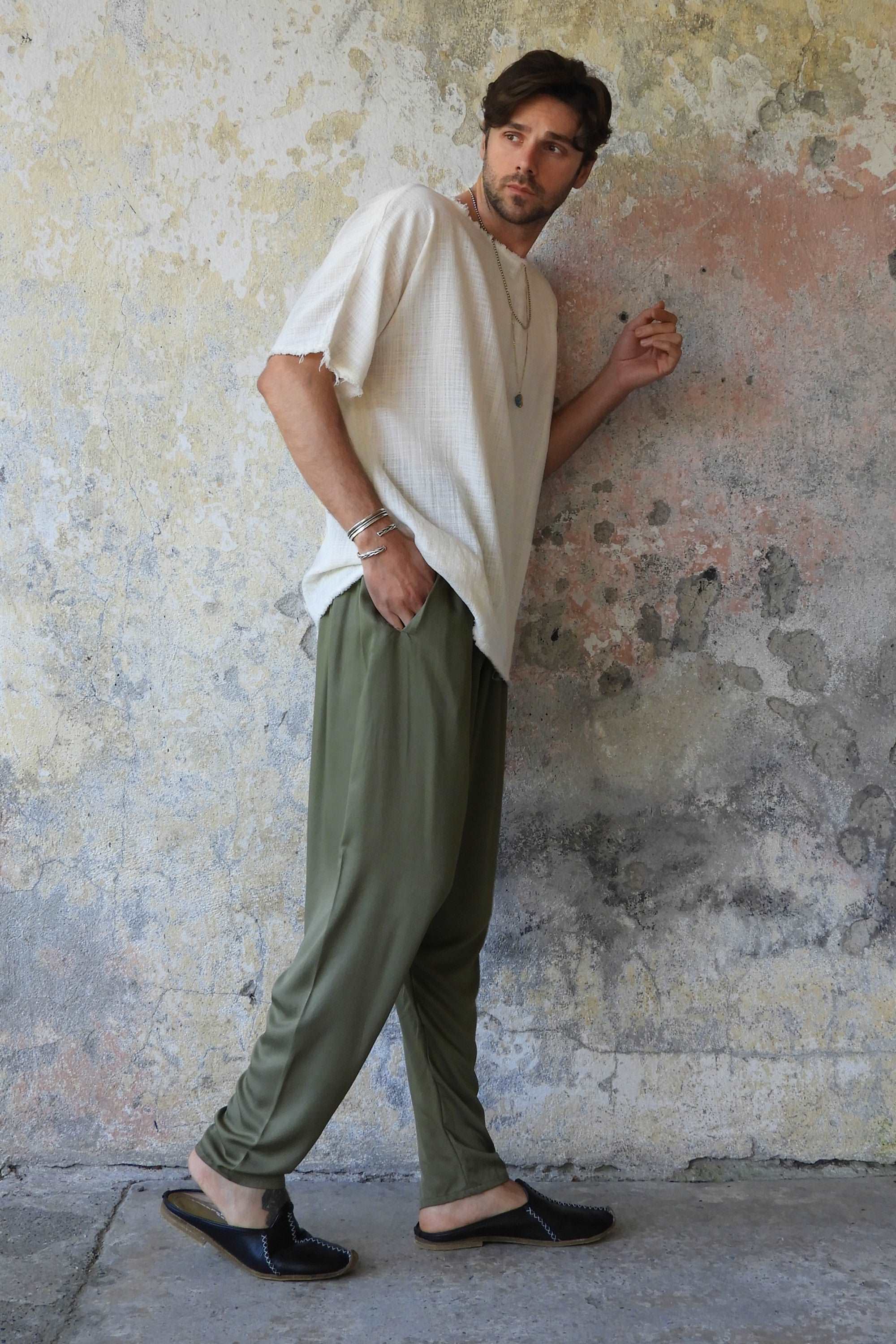 Odana's | Sustainable Gifts | BASIC Men's Harem Pants (Dark Cream, Army Green) | Harem Pants | Sustainable Fashion