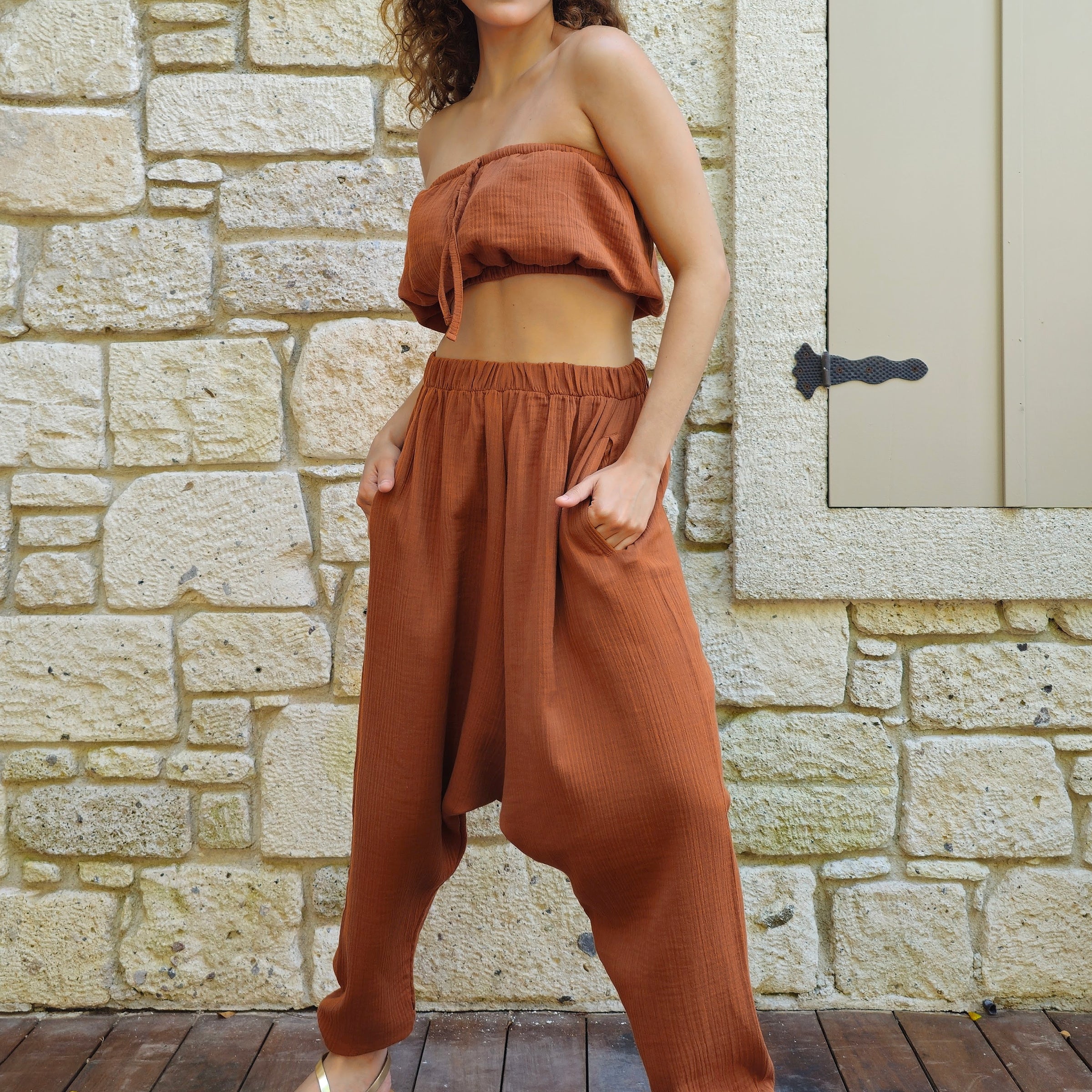 Odana's | Sustainable Gifts | TRIBAL Women's Organic Gauze Cotton Harem Pants (Brown, Dark Blue) Brown | Harem Pants | Sustainable Fashion