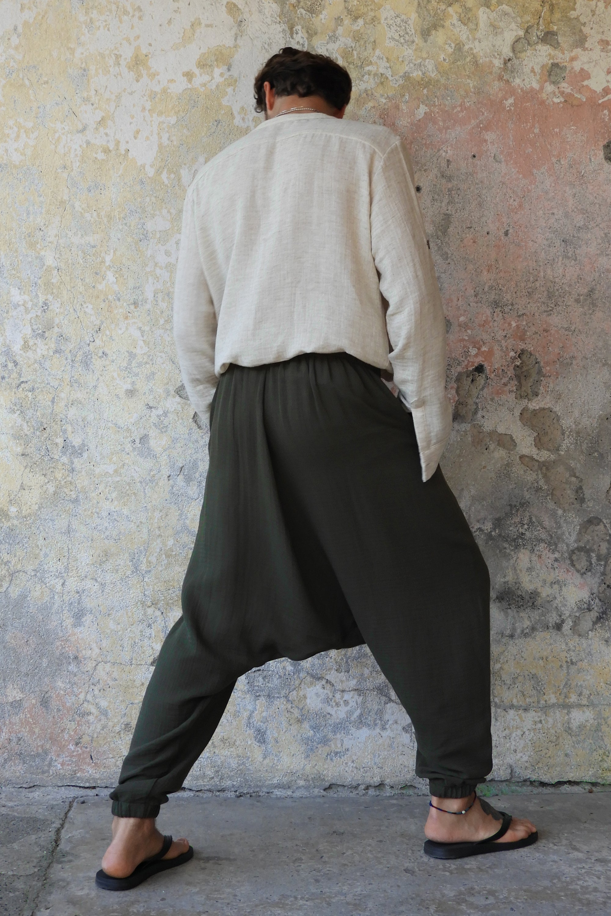 Sustainable  | TRIBAL Men's Gauze Cotton Harem Pants (Army Green, Sage Green) by Odana's