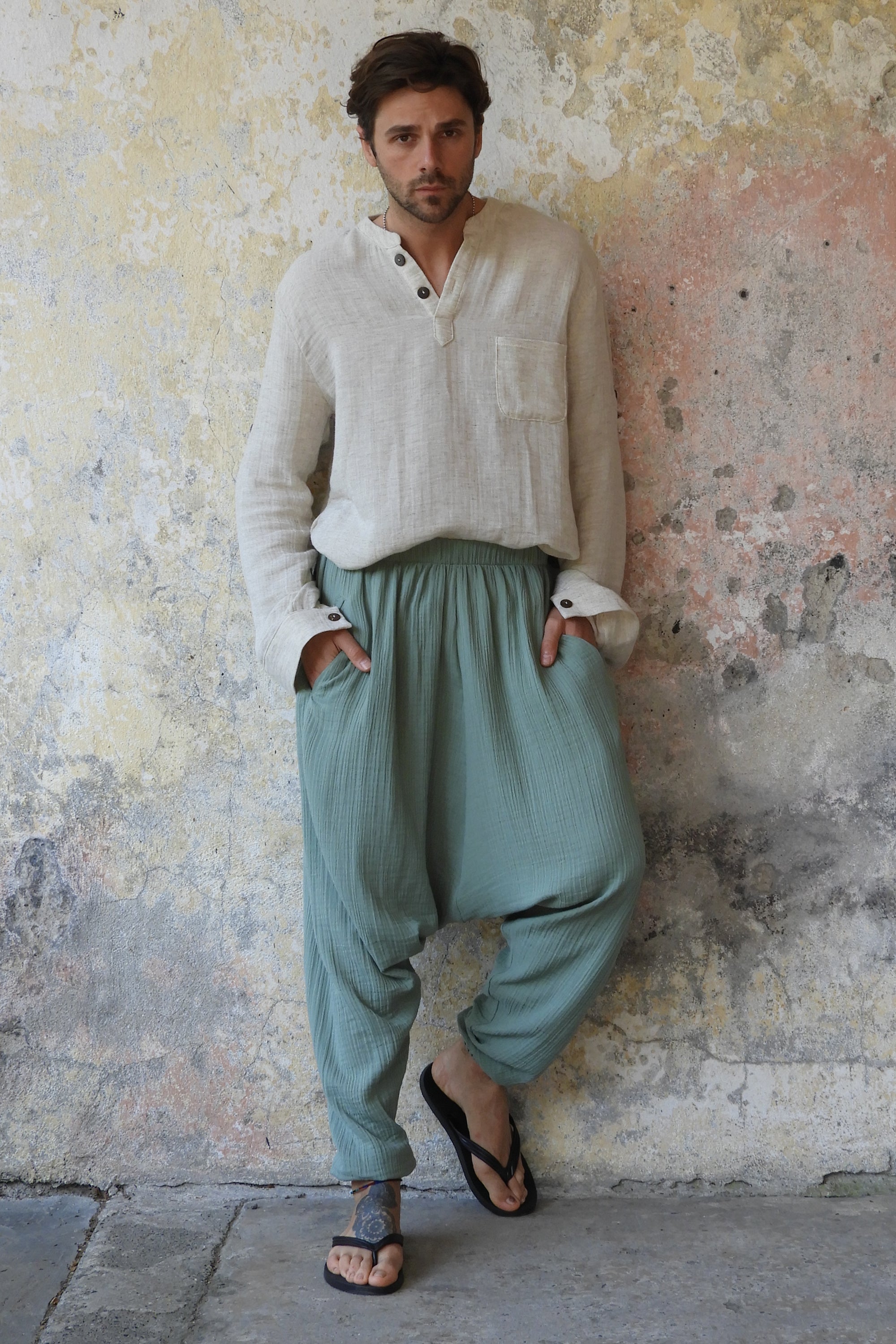 Sustainable  | TRIBAL Gender Neutral Gauze Cotton Harem Pants (Sage Green) by Odana's