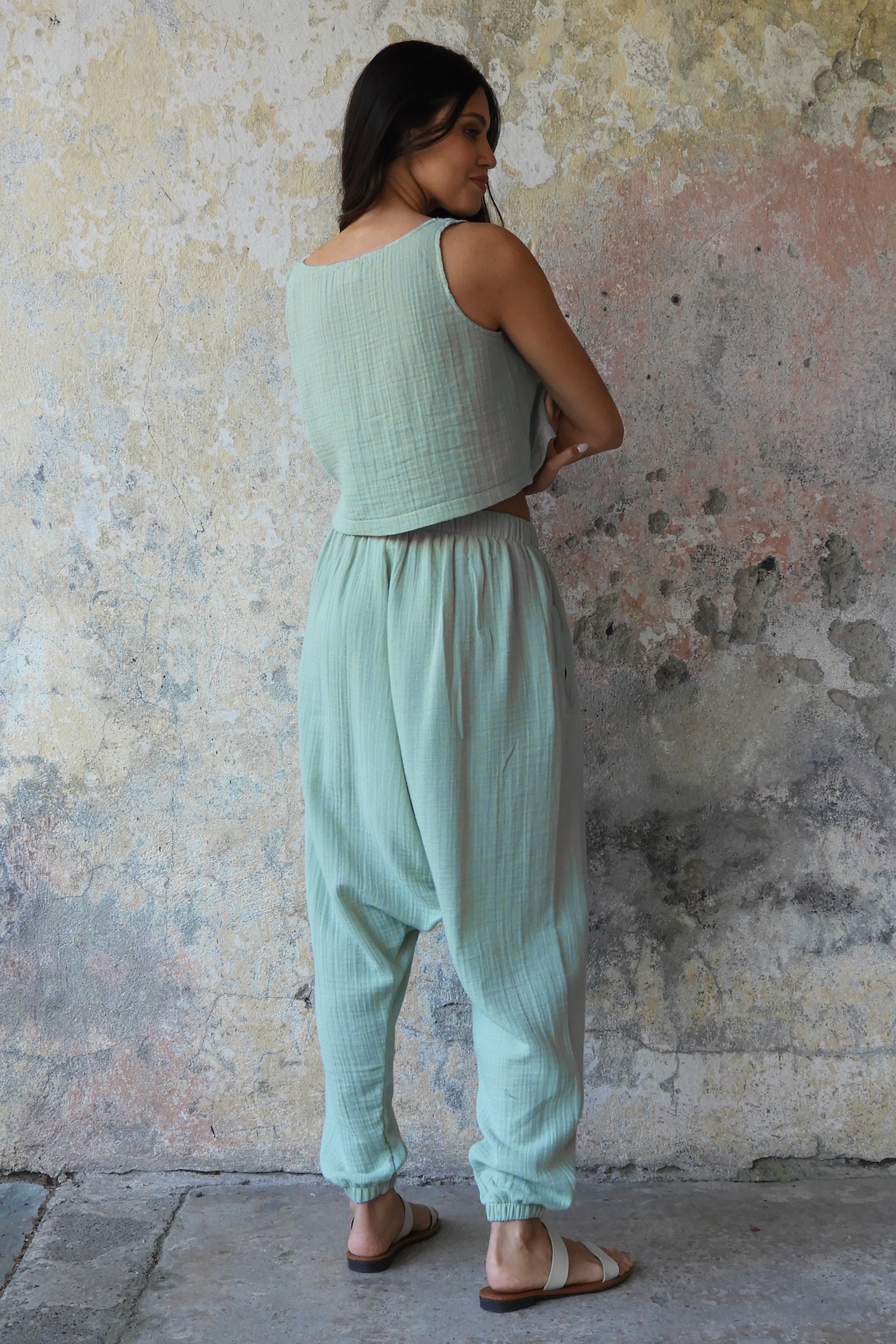 Odana's | Sustainable Gifts | TRIBAL Women's Organic Gauze Cotton Harem Pants (Caramel, Mint Green) | Harem Pants | Sustainable Fashion
