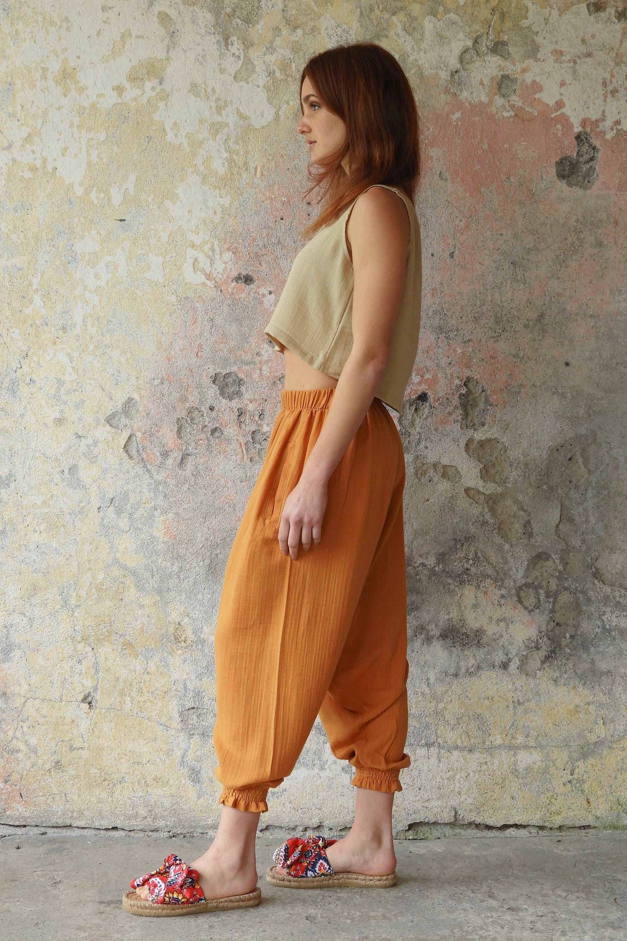Sustainable  | GAIA Women's Gauze Cotton Harem Pants (Light Blue, Mint, Orange) by Odana's
