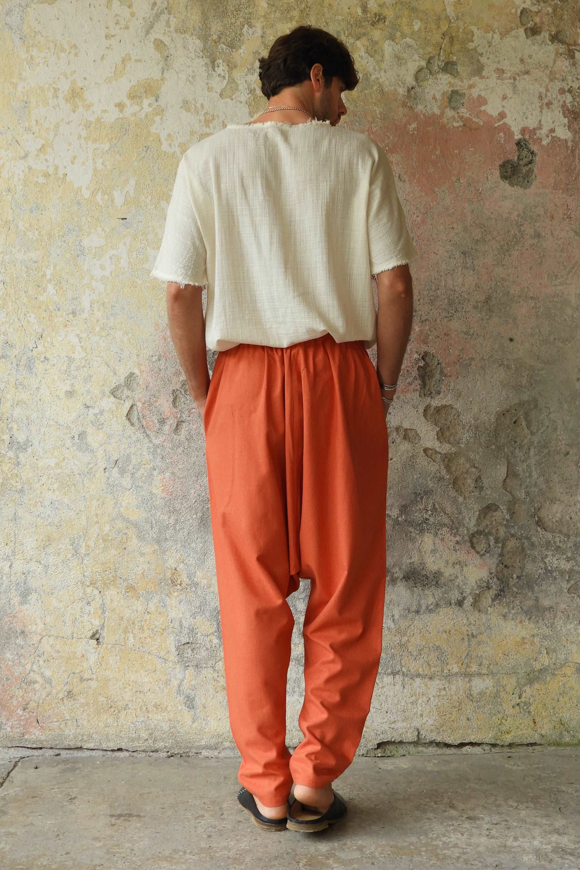 Odana's | Sustainable Gifts | MOON Men's Linen Blend Harem Pants (Windsor Tan, Burnt Orange) | Linen Harem Pants | Sustainable Fashion