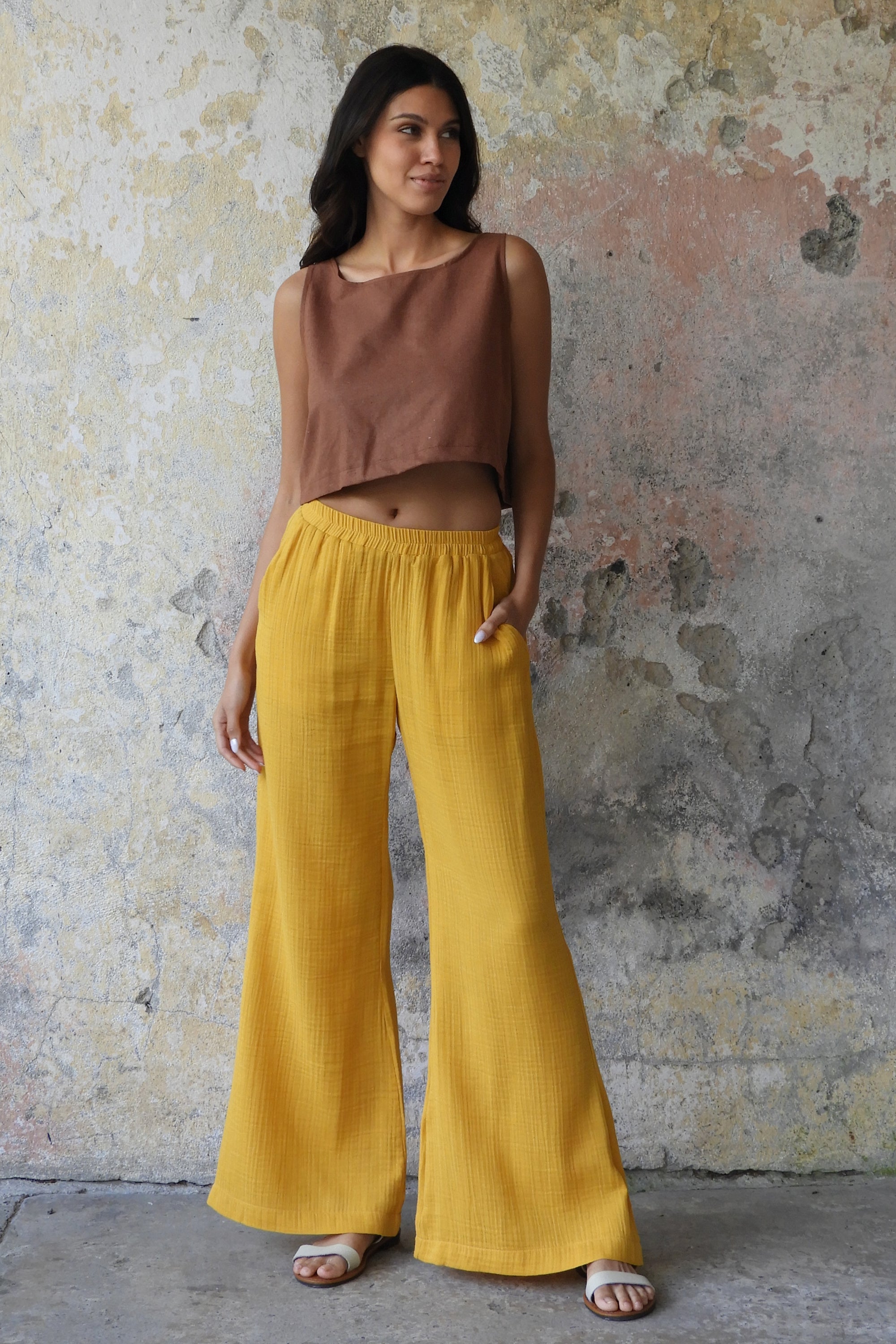 Odana's | Sustainable Gifts | PALAZZO Women's 2Layer Organic Gauze Cotton Pants (Green, Terra Cotta, Mustard, Brown) | Palazzo Pants | Sustainable Fashion