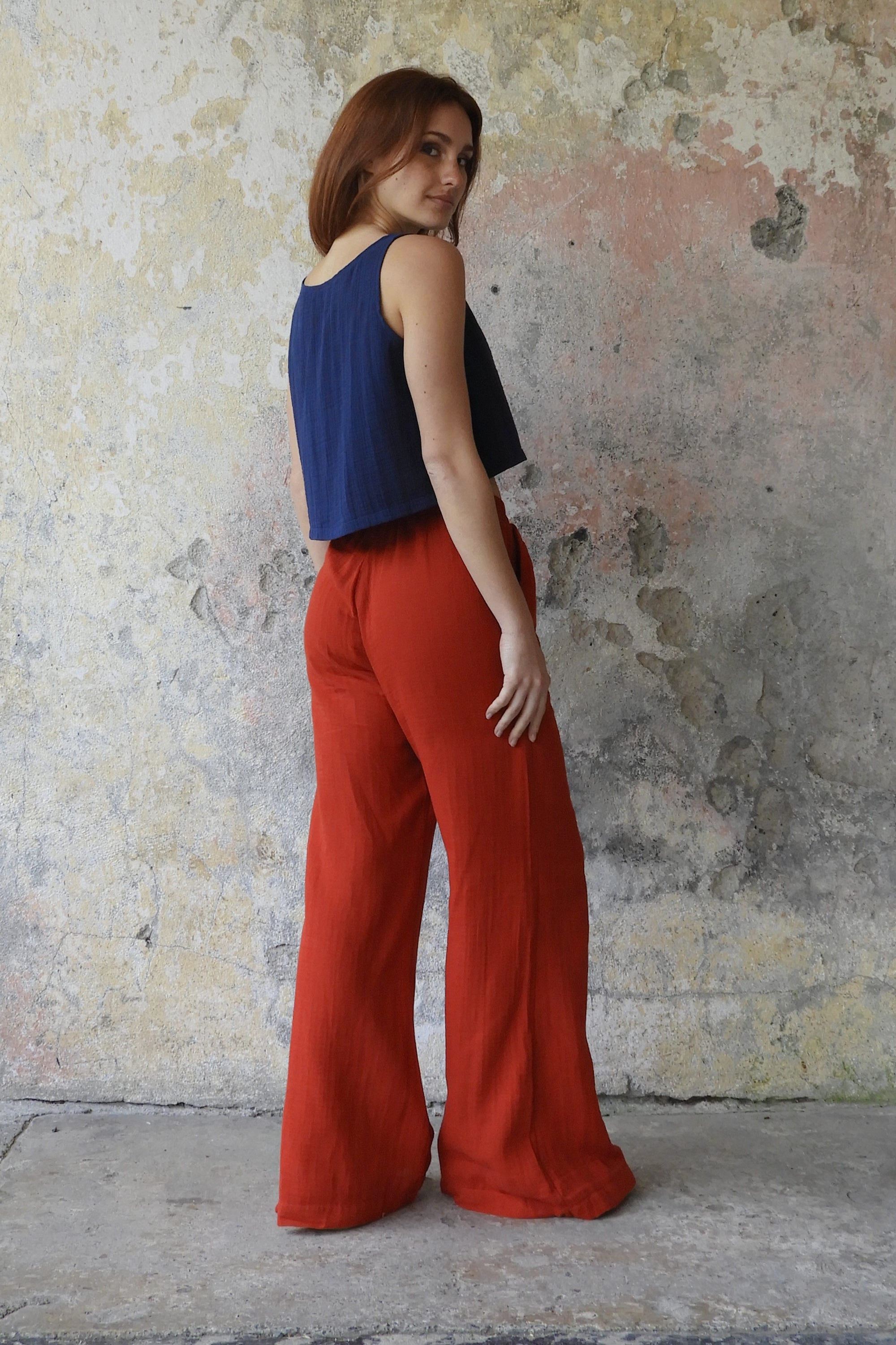 Sustainable  | PALAZZO Women's 2Layer Gauze Cotton Pants (Red, Dark Blue, Caramel, Sage Green) by Odana's