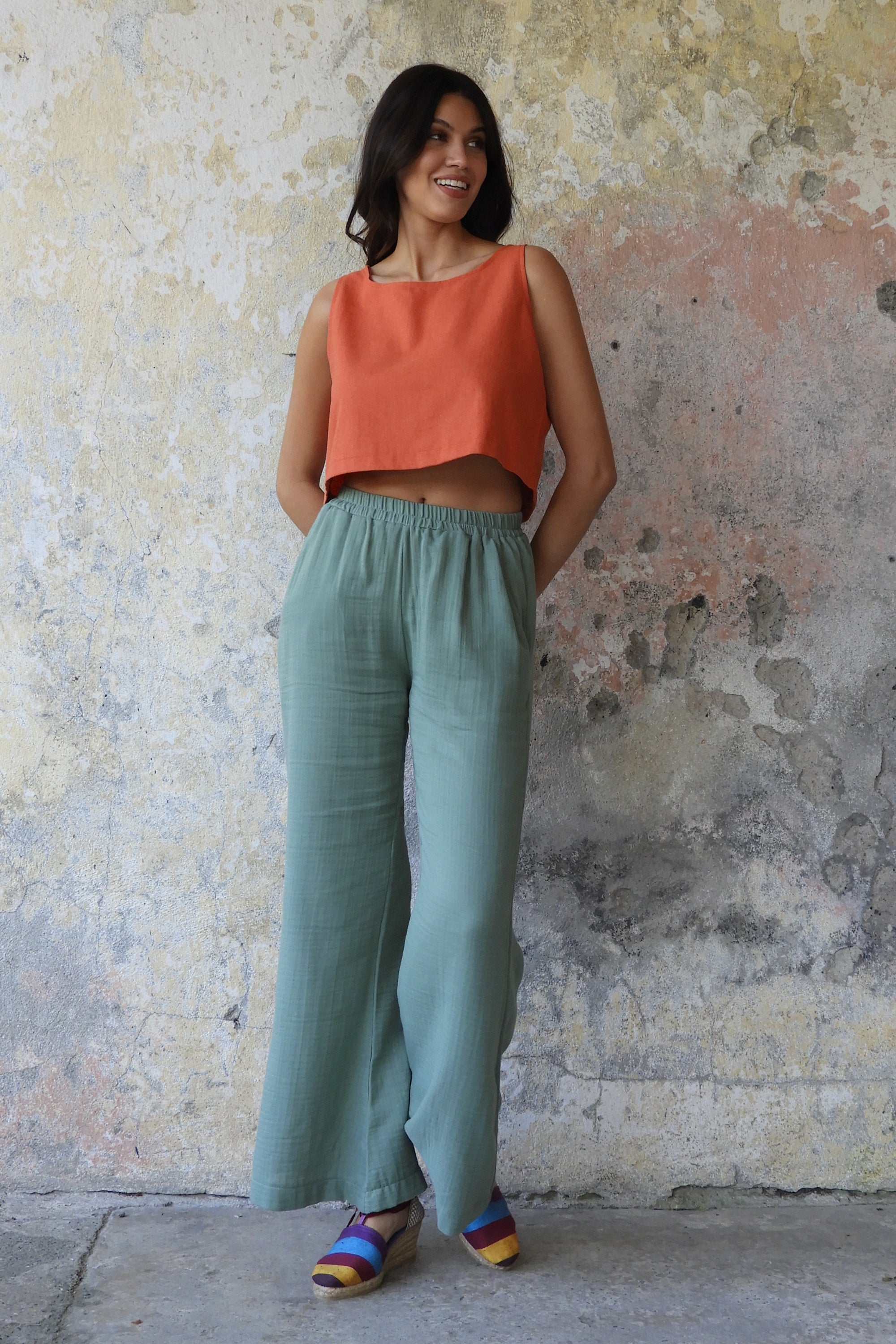 Sustainable  | PALAZZO Women's 2Layer Gauze Cotton Pants (Red, Dark Blue, Caramel, Sage Green) by Odana's