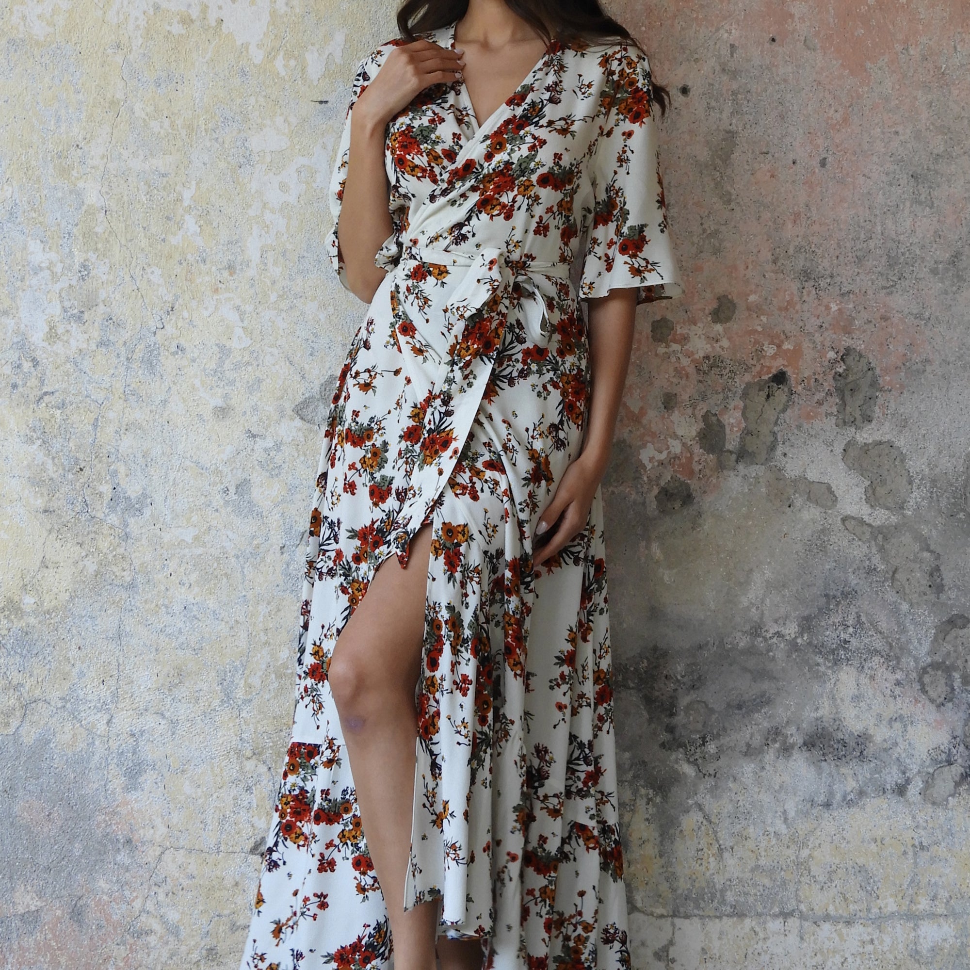PEONY Floral Wrap Dress (Cream, Black)