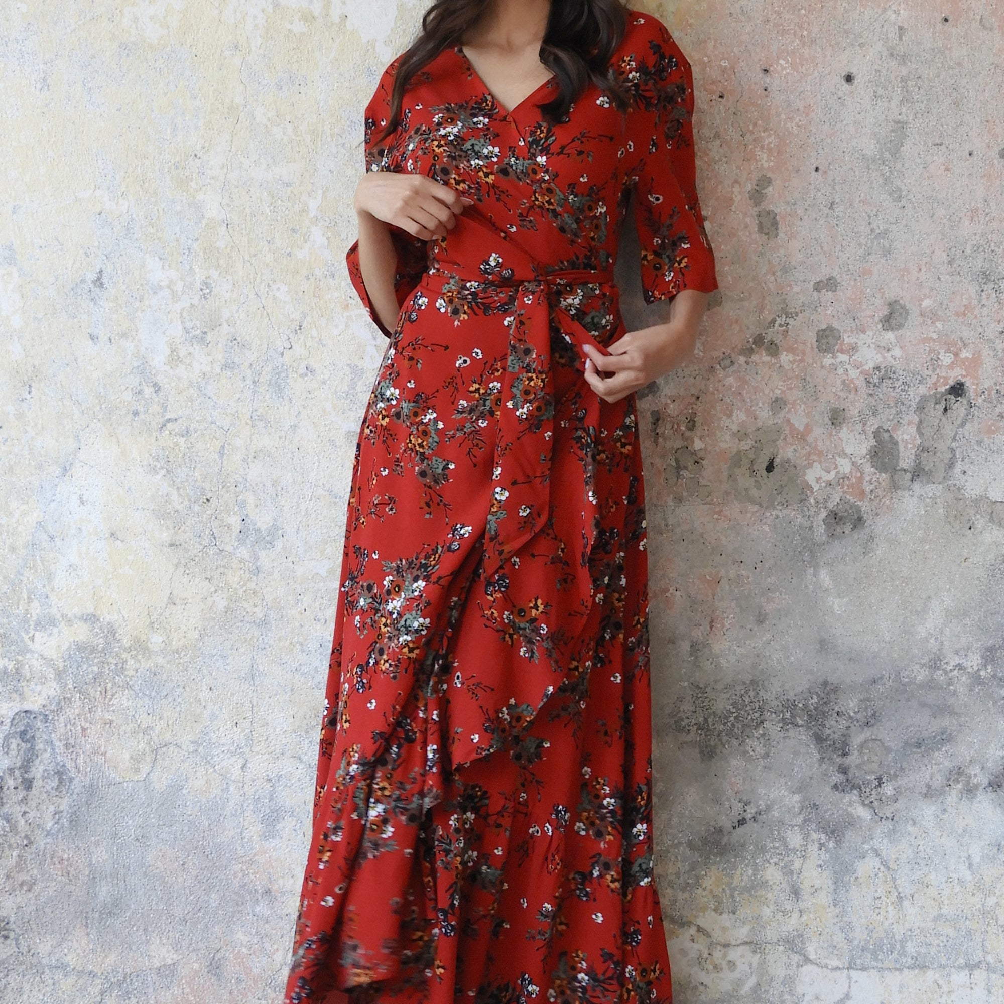 PEONY Floral Wrap Dress (Red)