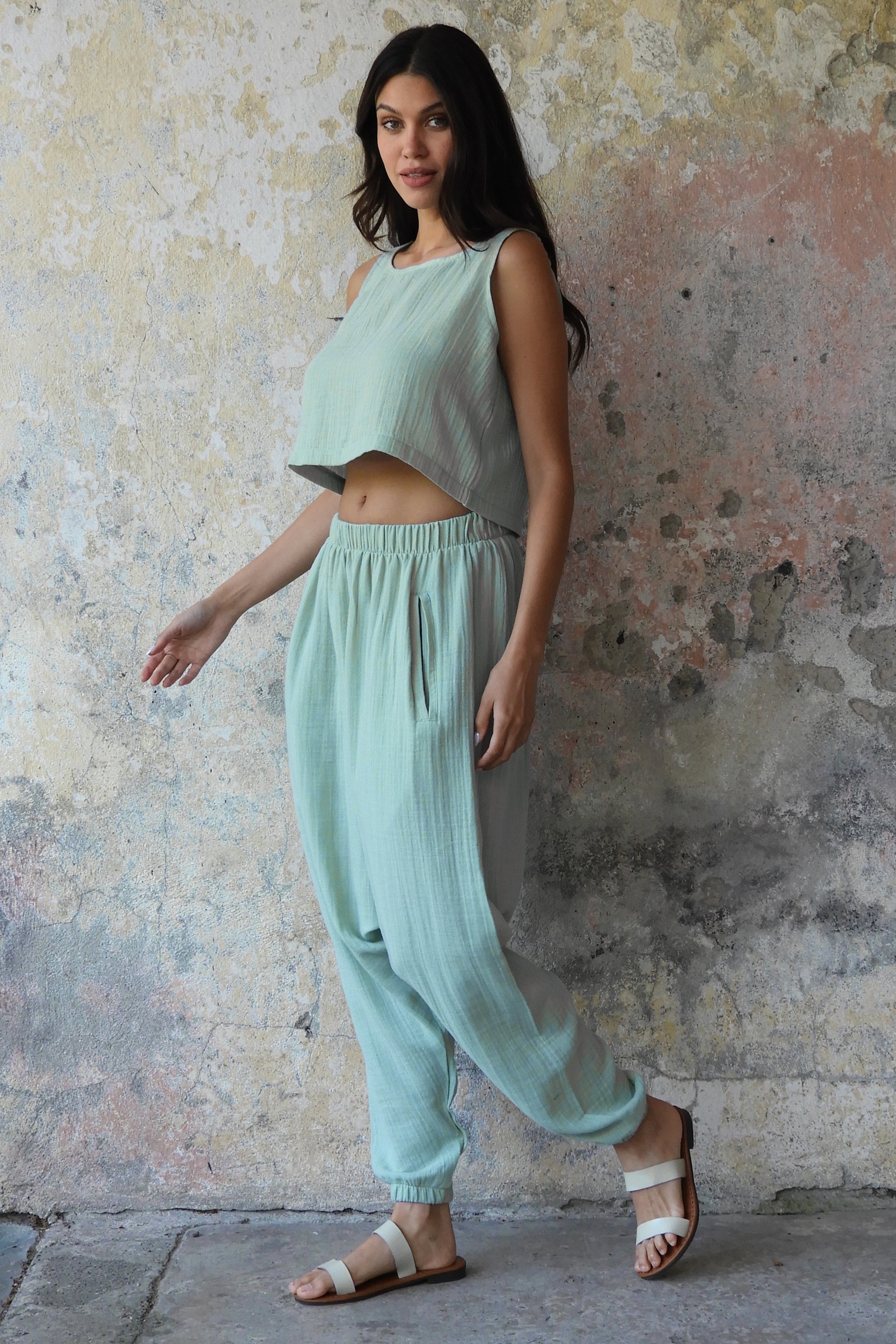 Odana's | Sustainable Gifts | TRIBAL Women's Organic Gauze Cotton Harem Pants (Caramel, Mint Green) | Harem Pants | Sustainable Fashion
