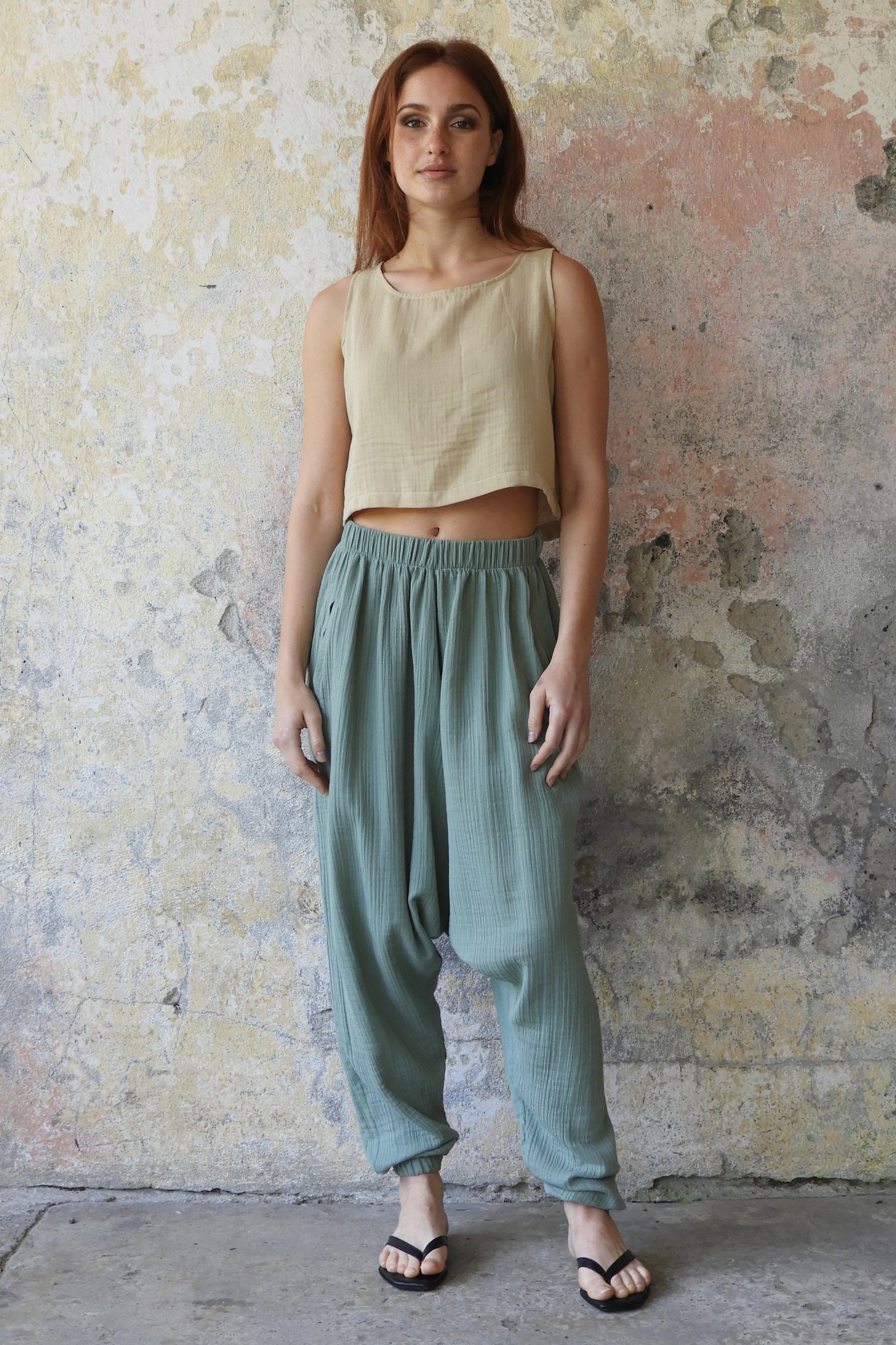 Odana's | Sustainable Gifts | TRIBAL Women's Organic Gauze Cotton Harem Pants (Red, Sage Green) | Harem Pants | Sustainable Fashion