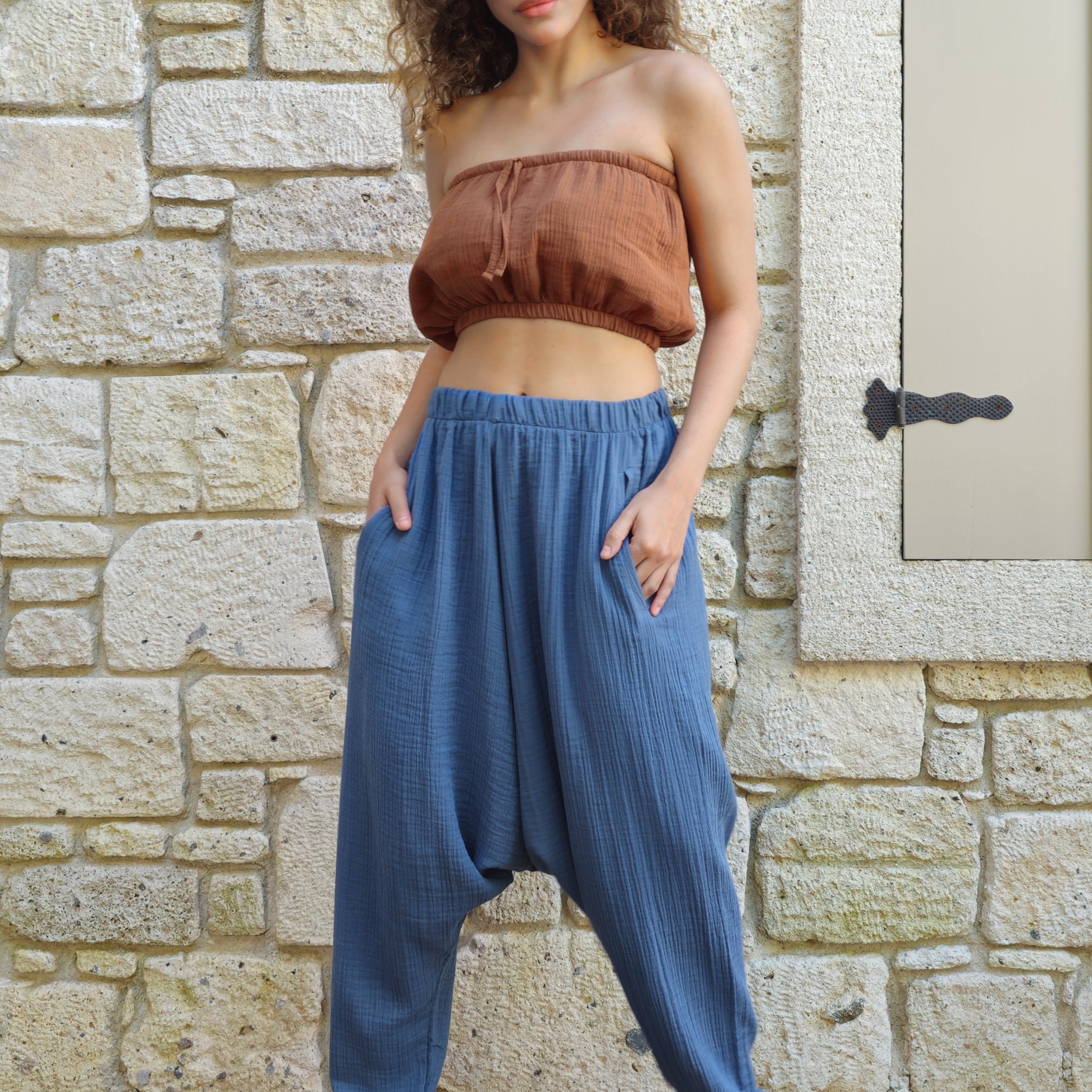 Odana's | Sustainable Gifts | TRIBAL Women's Organic Gauze Cotton Harem Pants (Light Indigo Blue,Mustard) Light Indigo Blue | Harem Pants | Sustainable Fashion