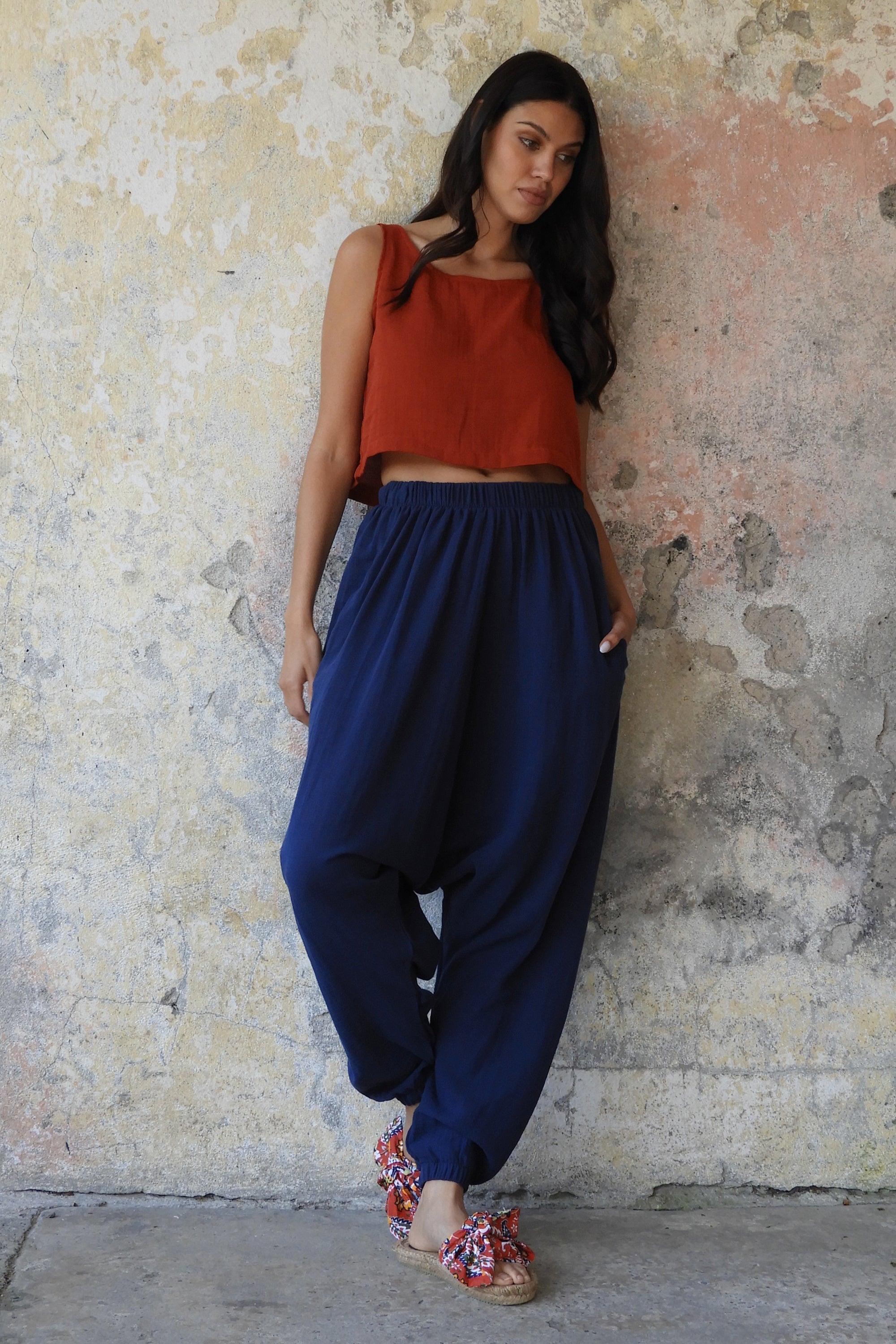 Odana's | Sustainable Gifts | TRIBAL Women's Organic Gauze Cotton Harem Pants (Brown, Dark Blue) | Harem Pants | Sustainable Fashion