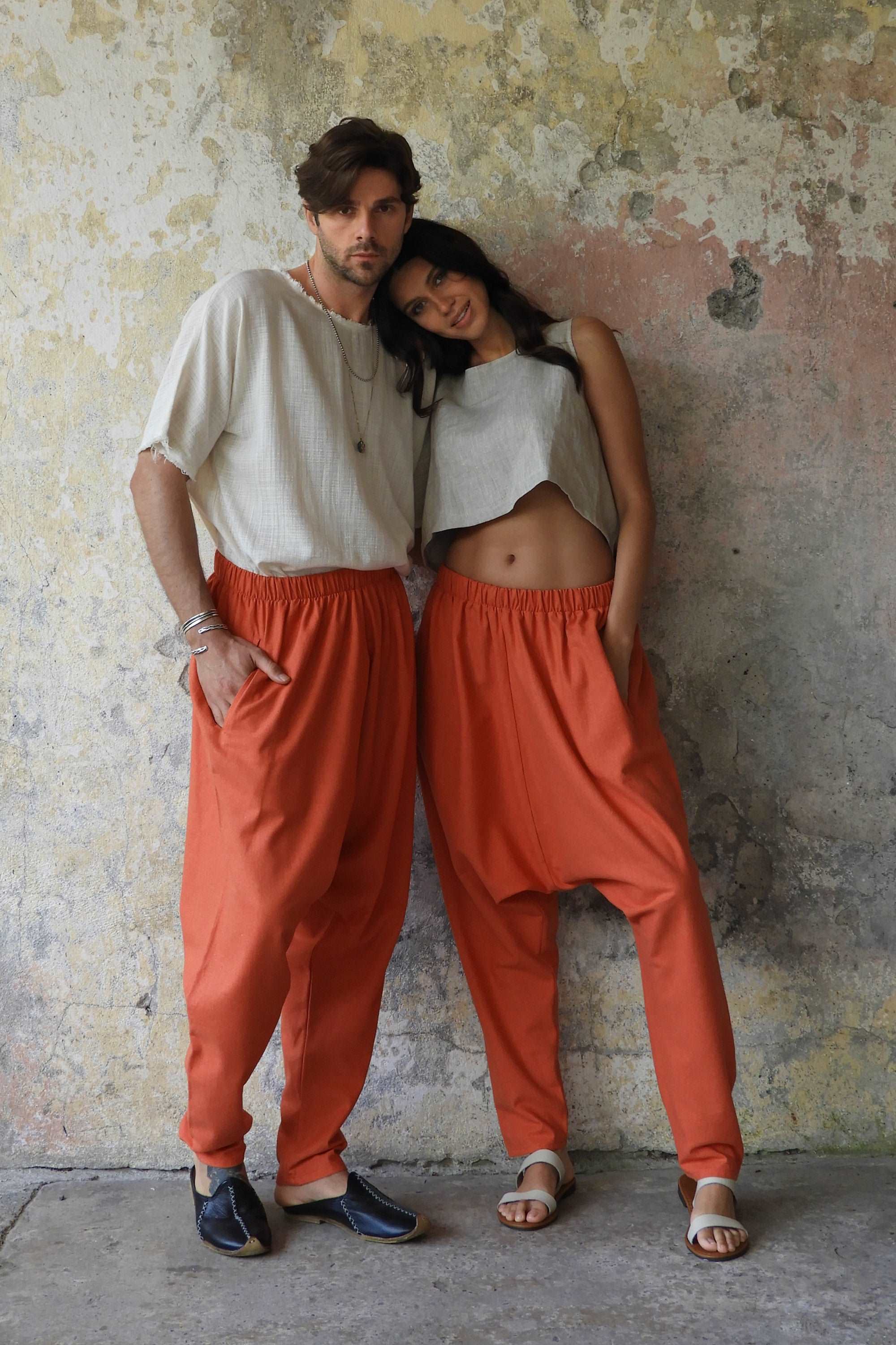Odana's | Sustainable Gifts | MOON Gender Neutral Linen Blend Harem Pants (Windsor Tan, Burnt Orange) | Linen Harem Pants | Sustainable Fashion