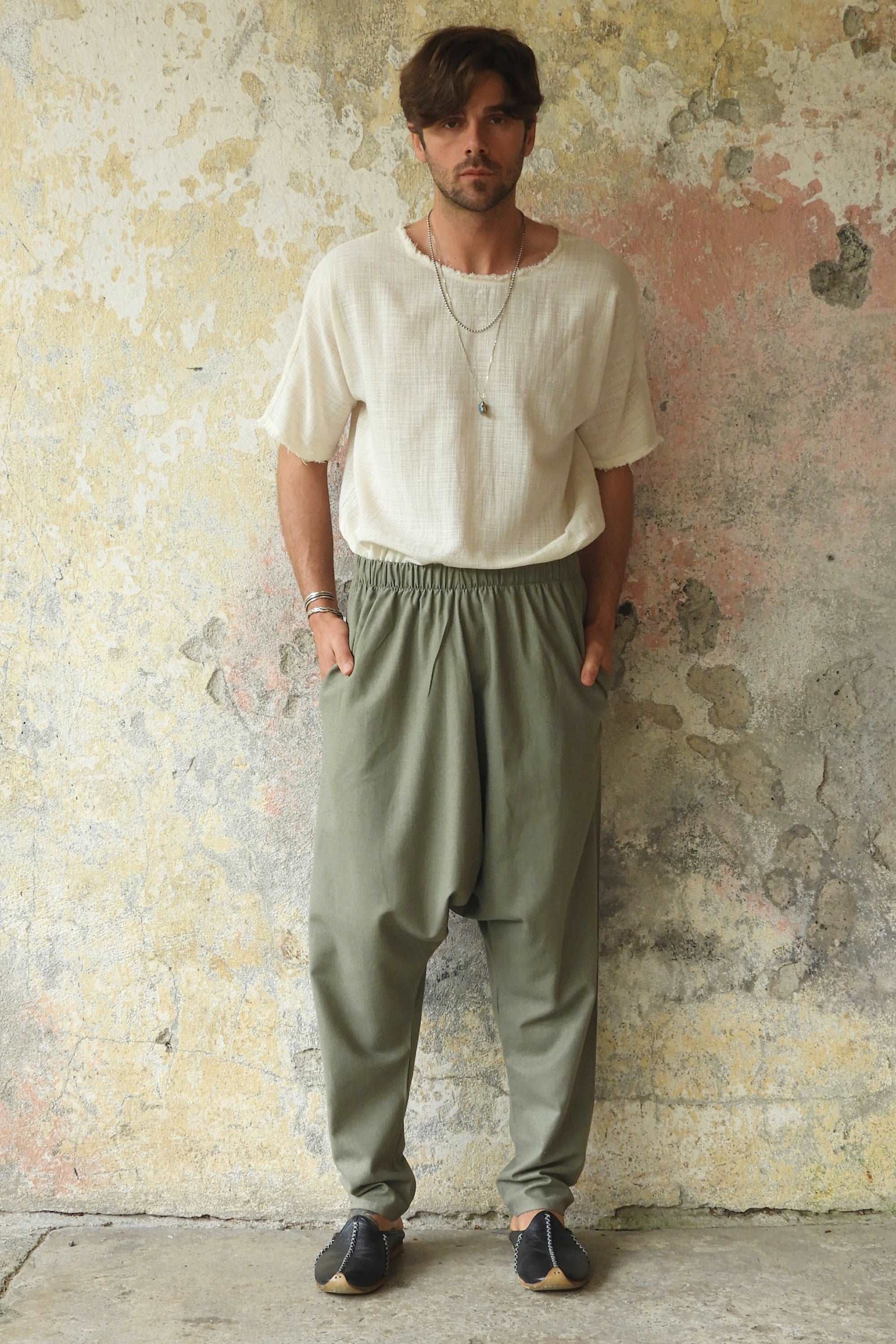 Odana's | Sustainable Gifts | MOON Men's Linen Blend Harem Pants (Almond Green) | Linen Harem Pants | Sustainable Fashion