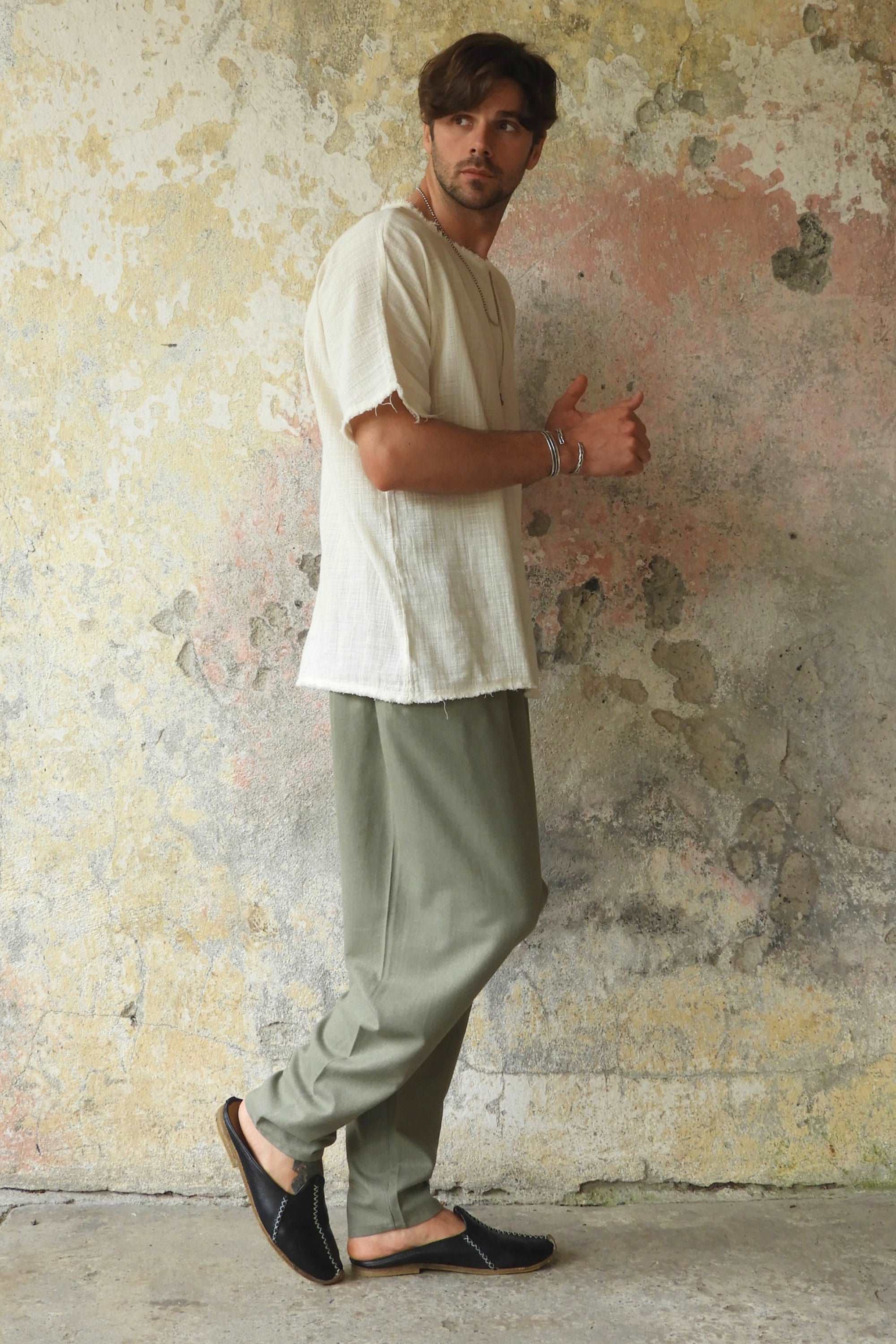 Odana's | Sustainable Gifts | MOON Men's Linen Blend Harem Pants (Almond Green) | Linen Harem Pants | Sustainable Fashion