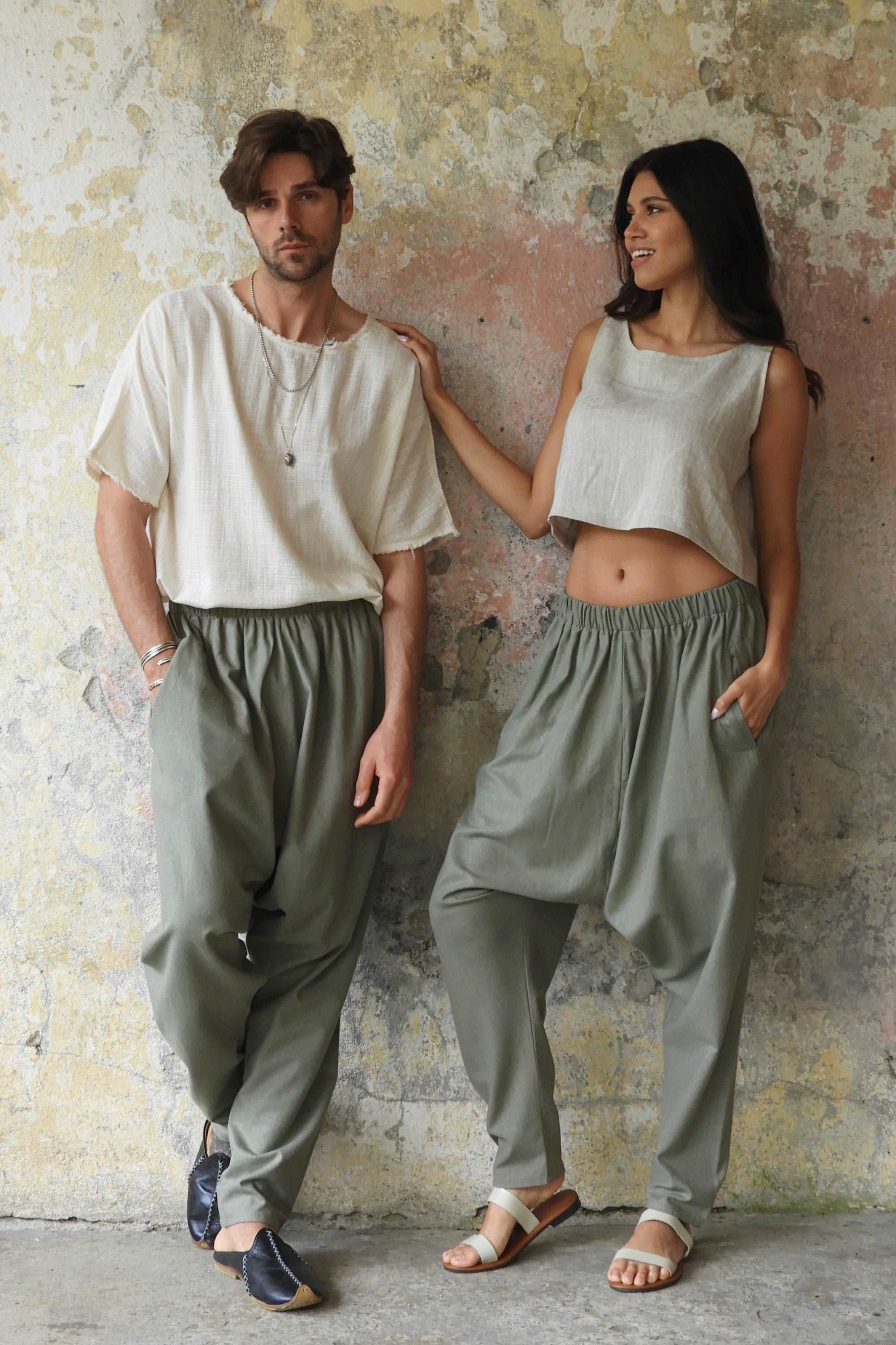 Sustainable  | MOON Gender Neutral Linen Blend Harem Pants (Terra Cotta, Almond Green) by Odana's