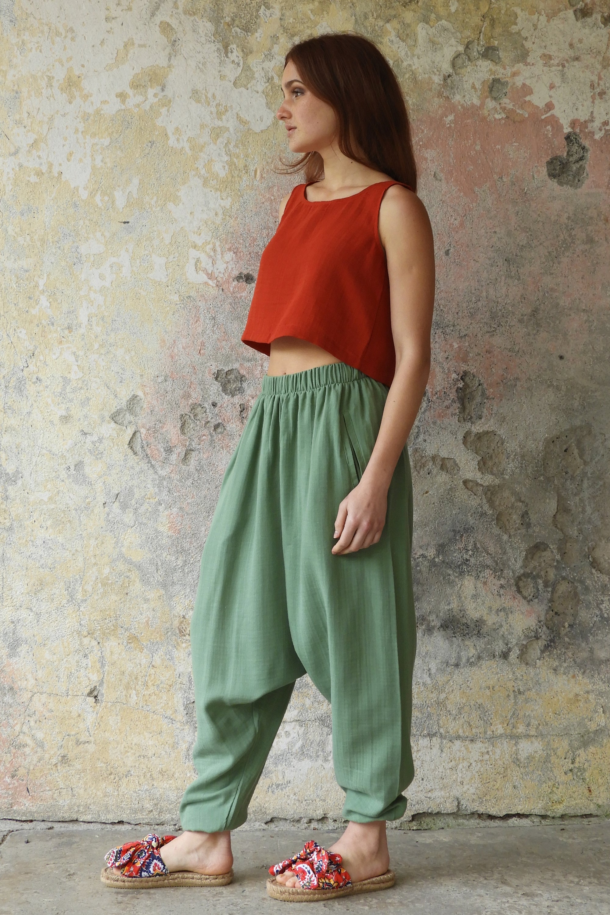 Odana's | Sustainable Gifts | TRIBAL Women's Organic Gauze Cotton Harem Pants (Green) | Harem Pants | Sustainable Fashion