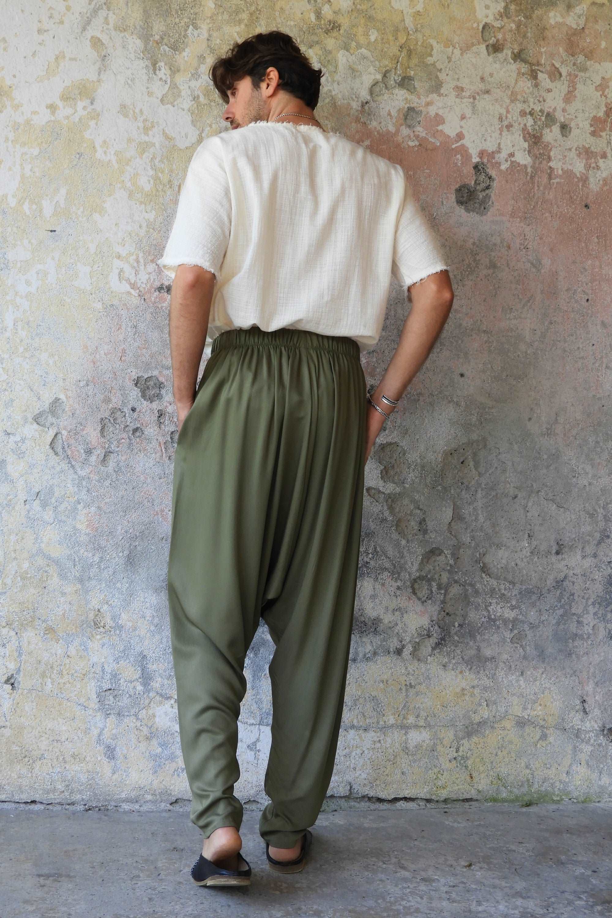 Sustainable  | BASIC Men's Harem Pants (Dark Cream, Army Green) by Odana's