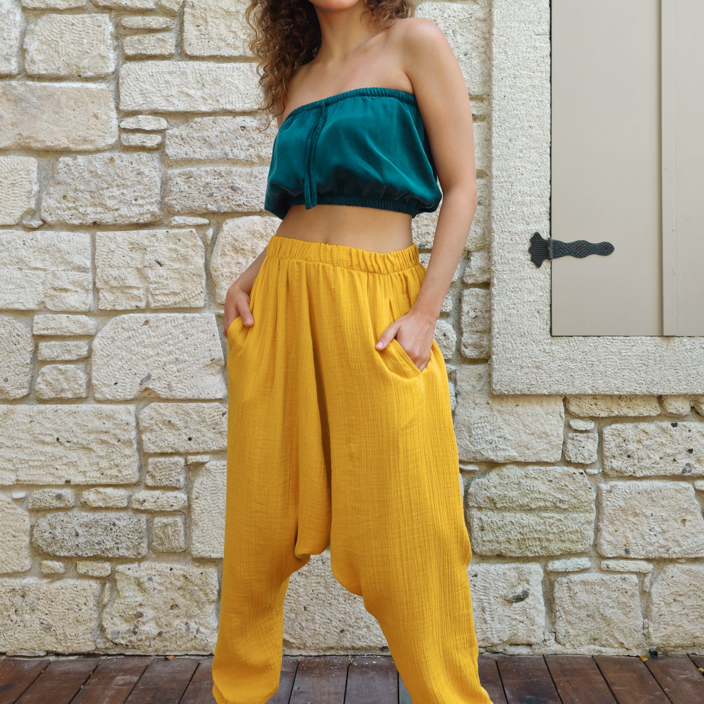 Odana's | Sustainable Gifts | TRIBAL Women's Organic Gauze Cotton Harem Pants (Light Indigo Blue,Mustard) Mustard | Harem Pants | Sustainable Fashion
