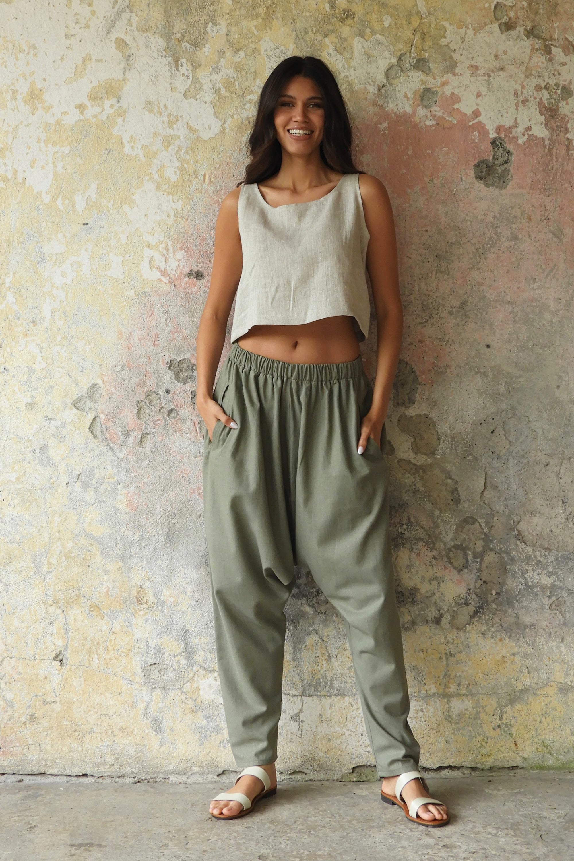 MOON Women's Linen Blend Harem Pants (Terra Cotta, Almond Green)