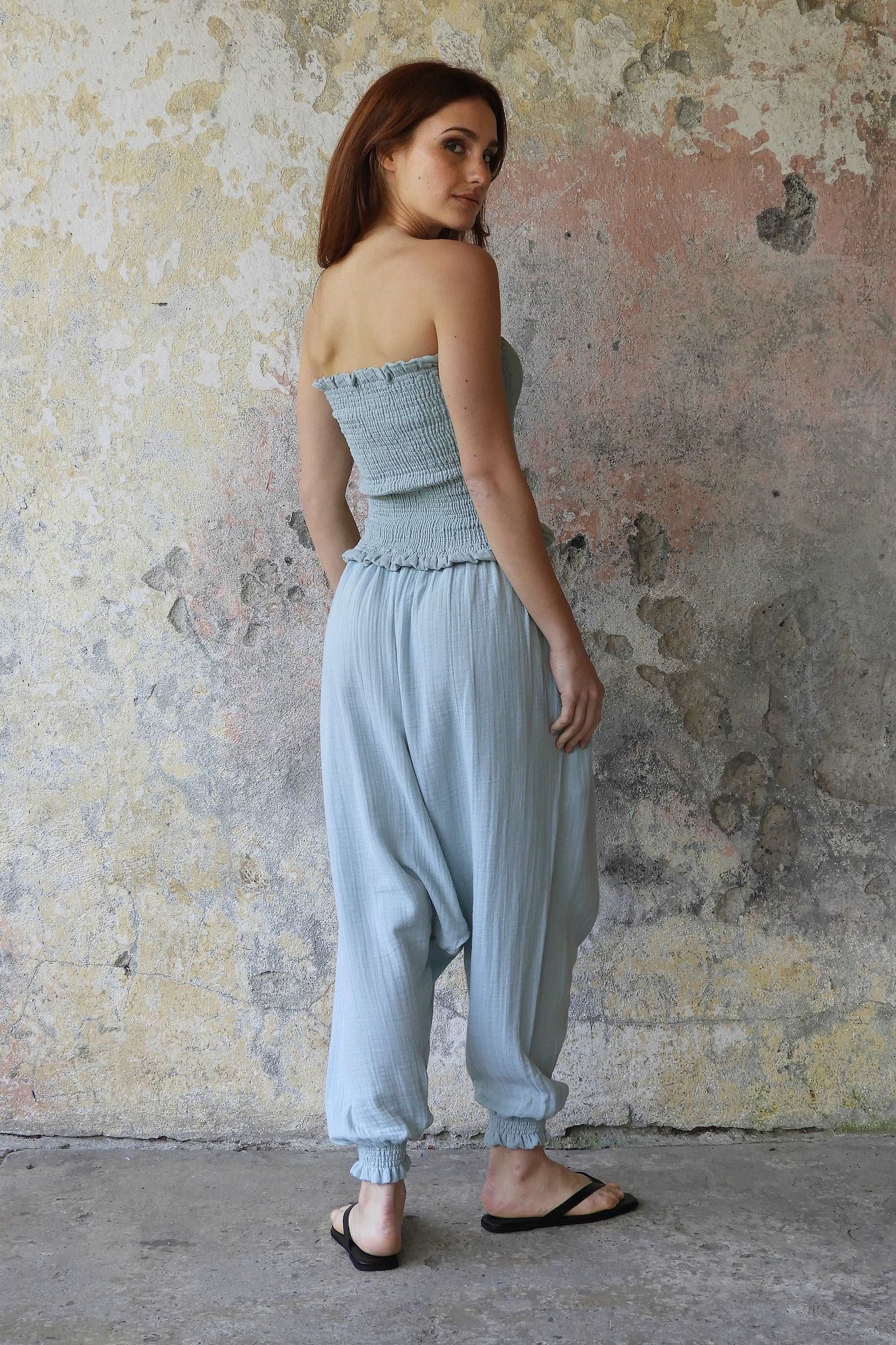 Odana's | Sustainable Gifts | GAIA Women's Organic Gauze Cotton Harem Pants (Light Blue, Mint, Orange) | Harem Pants | Sustainable Fashion