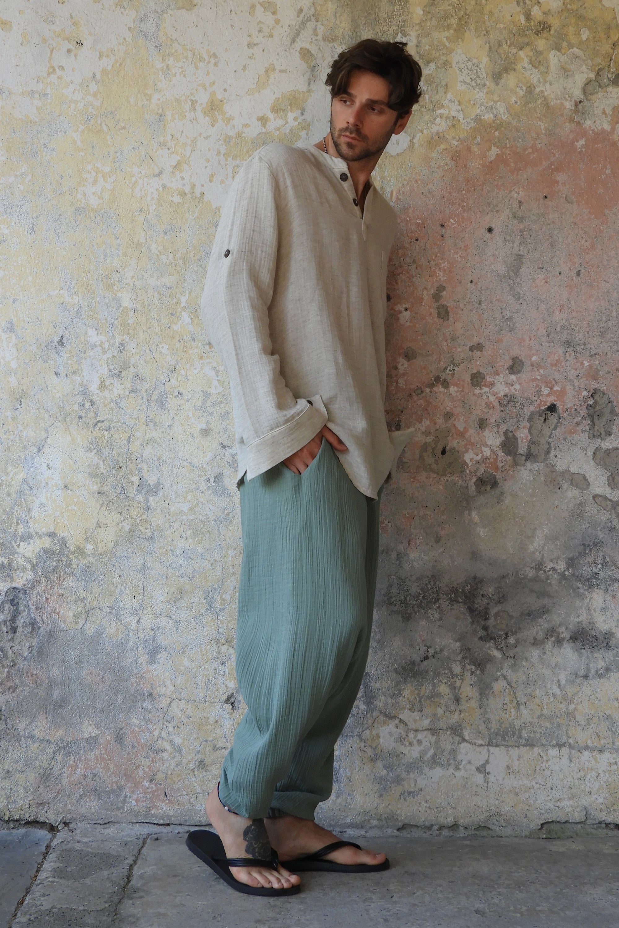 Odana's | Sustainable Gifts | TRIBAL Men's Organic Gauze Cotton Harem Pants (Army Green, Sage Green) | Harem Pants | Sustainable Fashion
