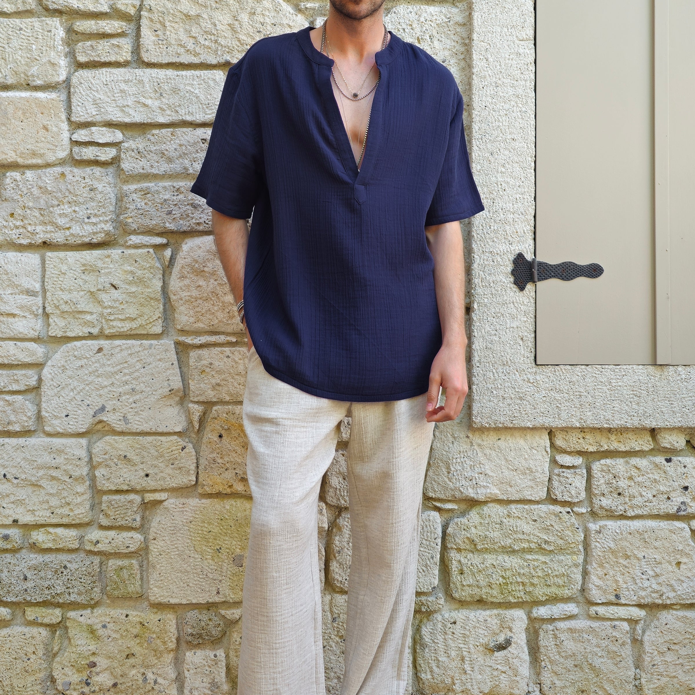 Odana's | Sustainable Gifts | ARCHEUS Organic Cotton Double Gauze Shirt (Dark Blue, Baby Blue) Dark Blue | Shirts | Sustainable Fashion